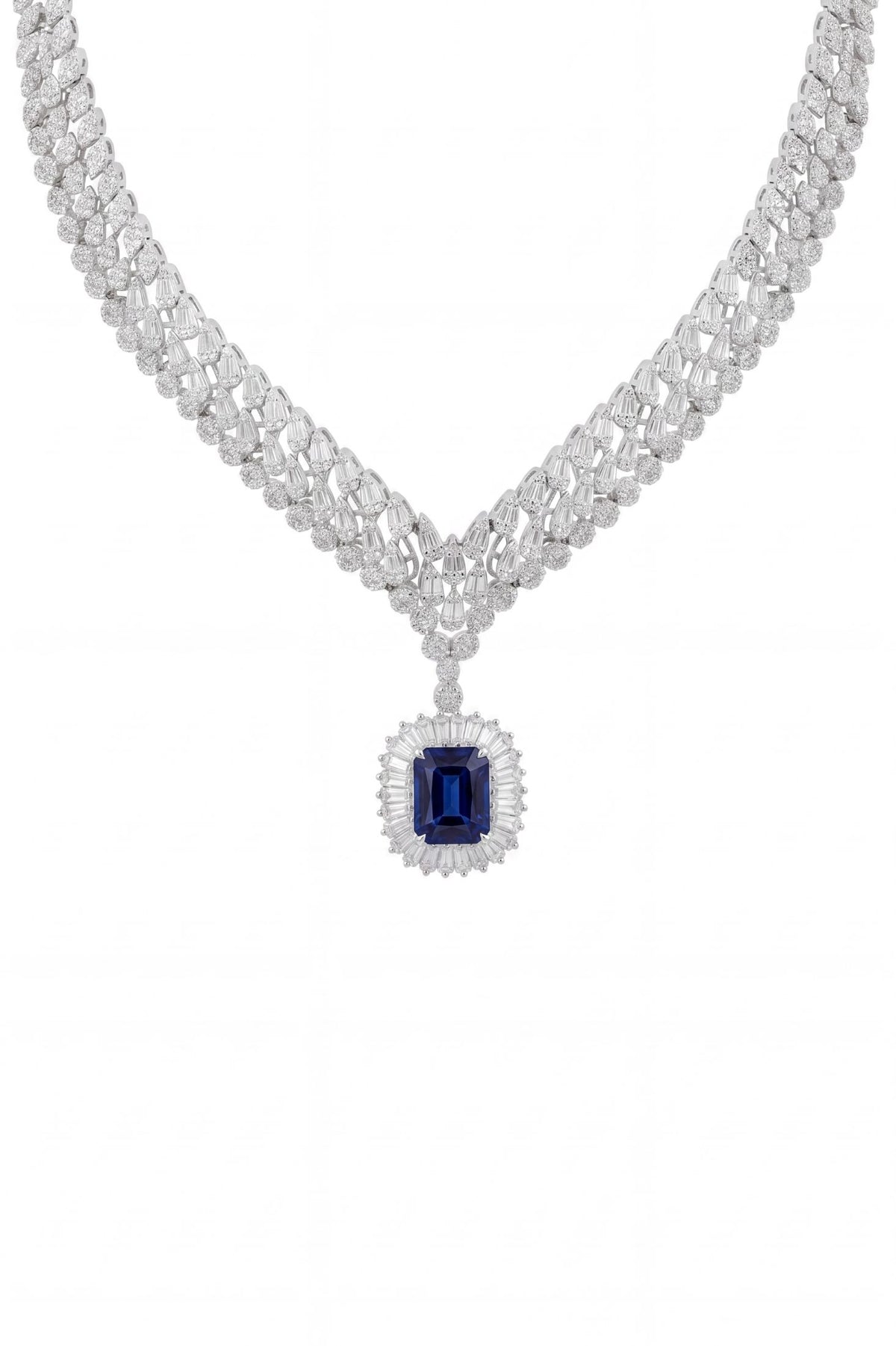 Front view of Countess Statement Sapphire Necklace Silver, showing sapphire detailing, silver finish.