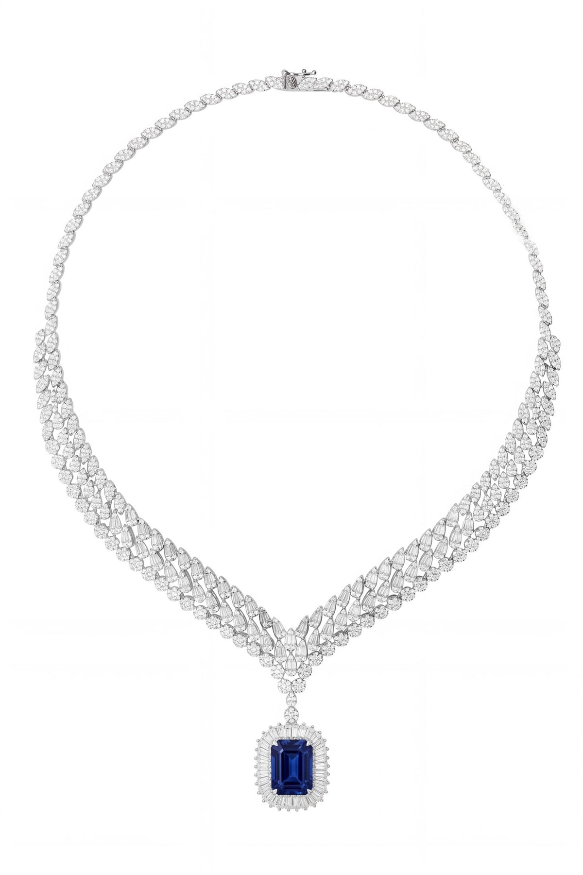 Angled view of Countess Statement Sapphire Necklace Silver, showing sapphire detailing, silver finish and the jewellery profile.