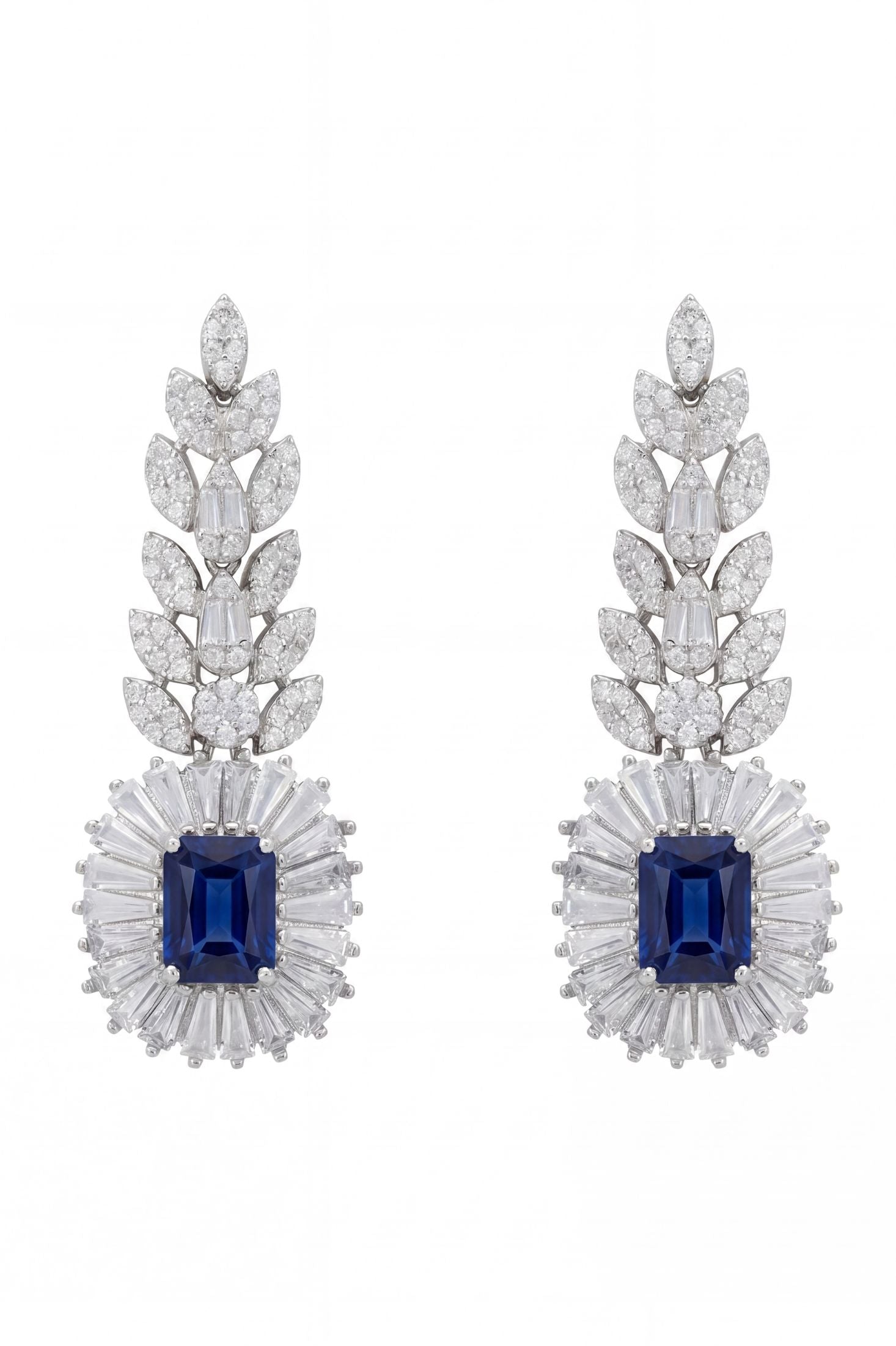 Front view of Countess Gemstone Drop Earrings Sapphire Silver, showing cat design, sapphire detailing, silver finish.