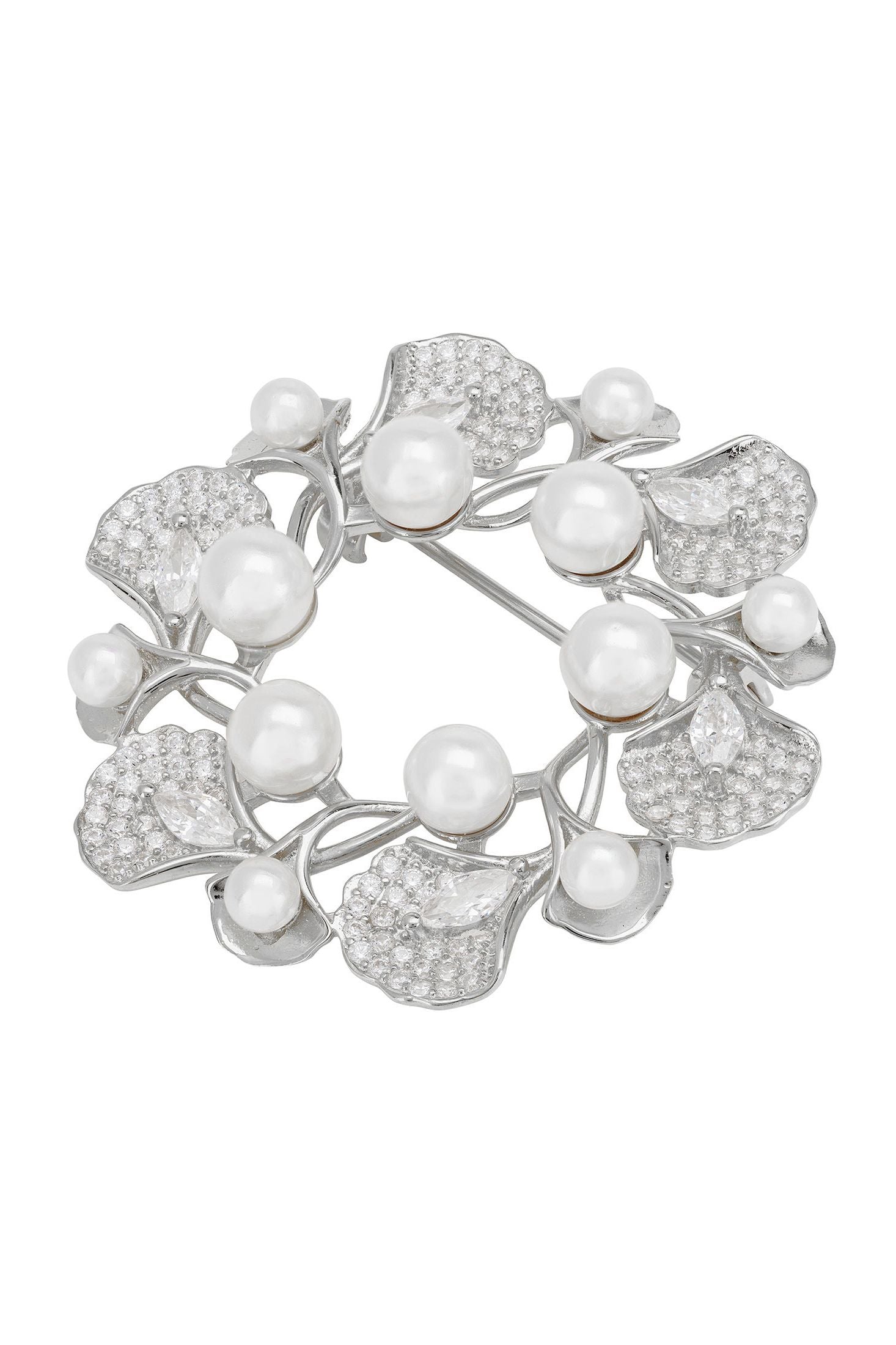 Front view of Ginkgo Leaf And Pearl Wreath Brooch Silver, showing leaf design, pearl detailing, silver finish.