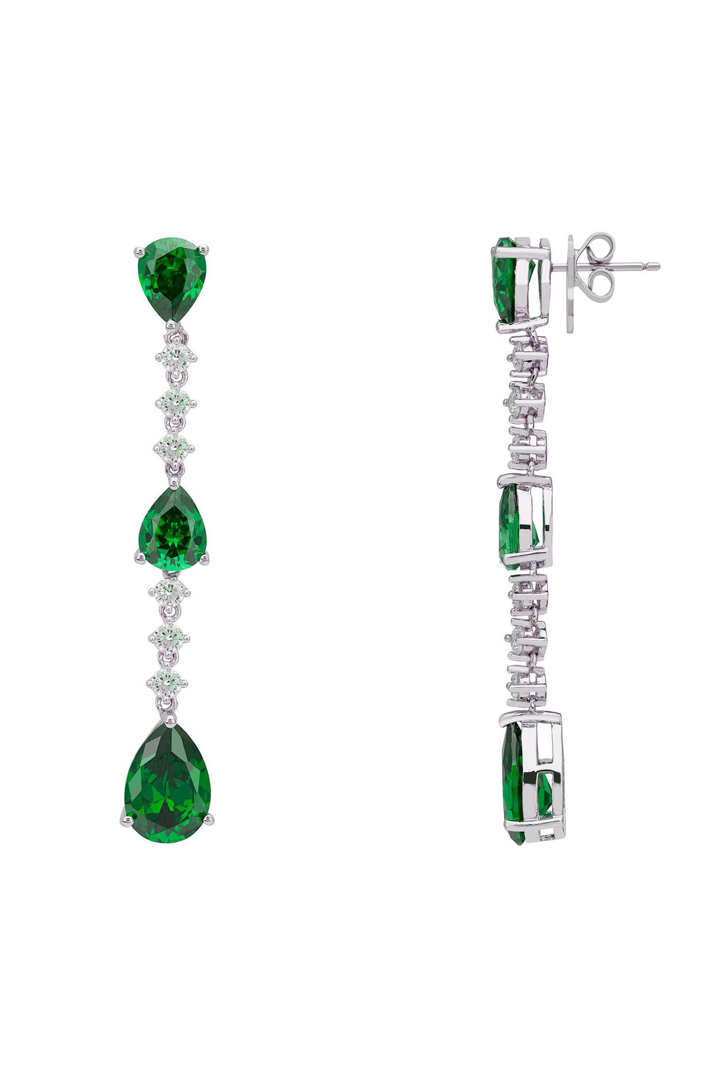 Angled view of Elizabeth Drop Earrings Emerald Silver, showing emerald detailing, silver finish and the jewellery profile.