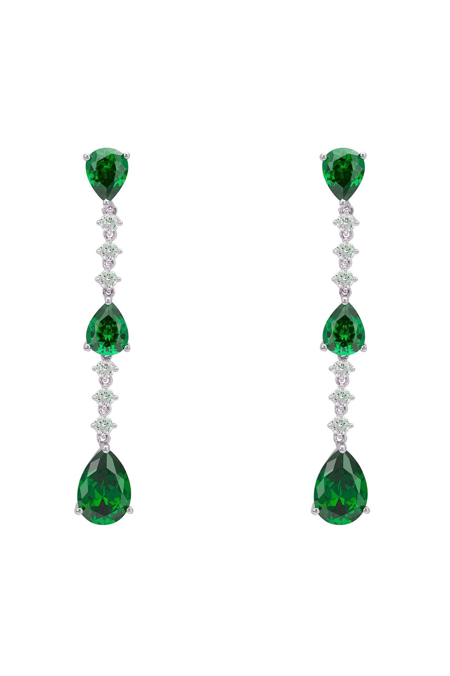 Front view of Elizabeth Drop Earrings Emerald Silver, showing emerald detailing, silver finish.