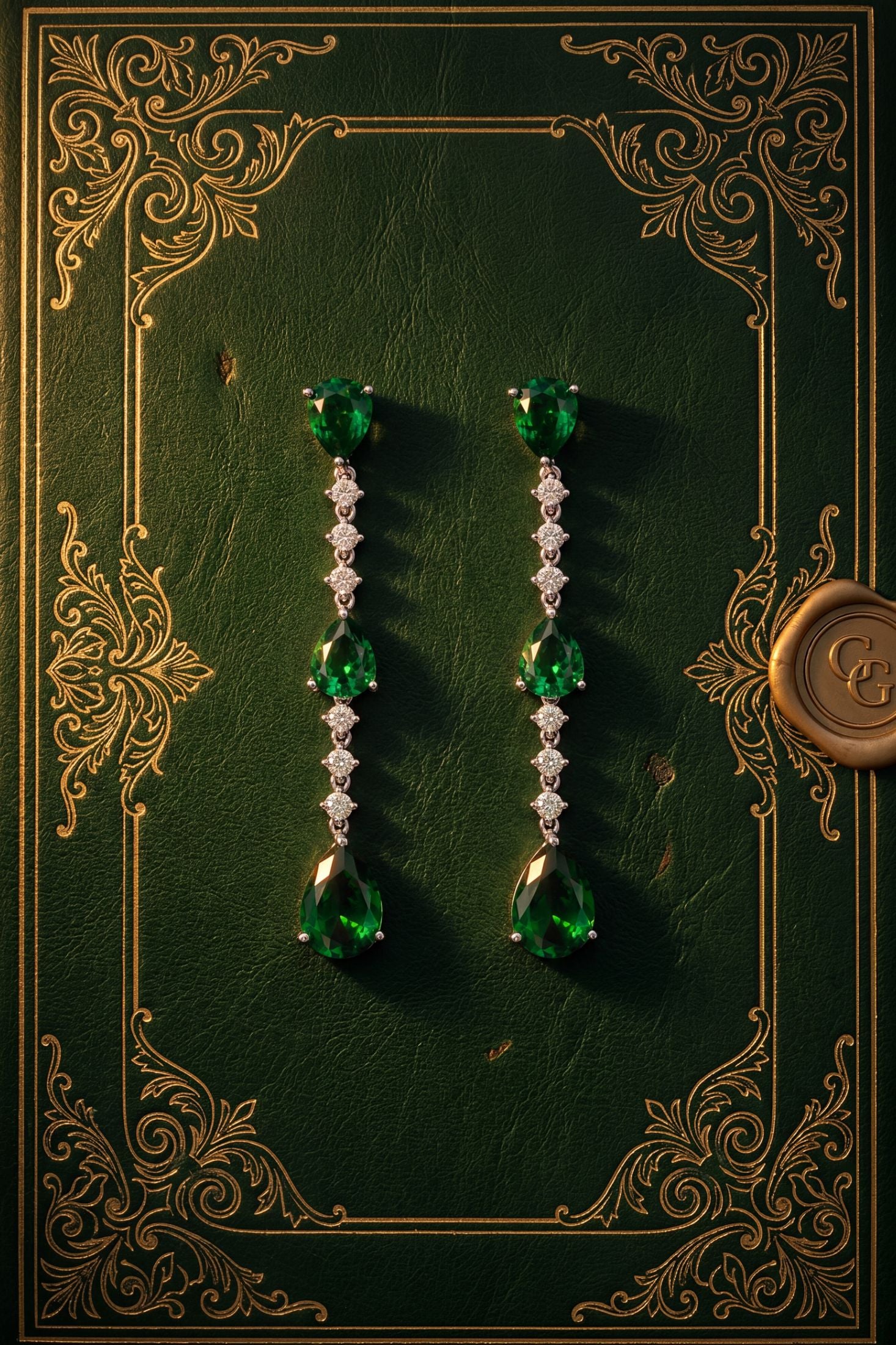 Close-up of Elizabeth Drop Earrings Emerald Silver, highlighting emerald detailing, silver finish.