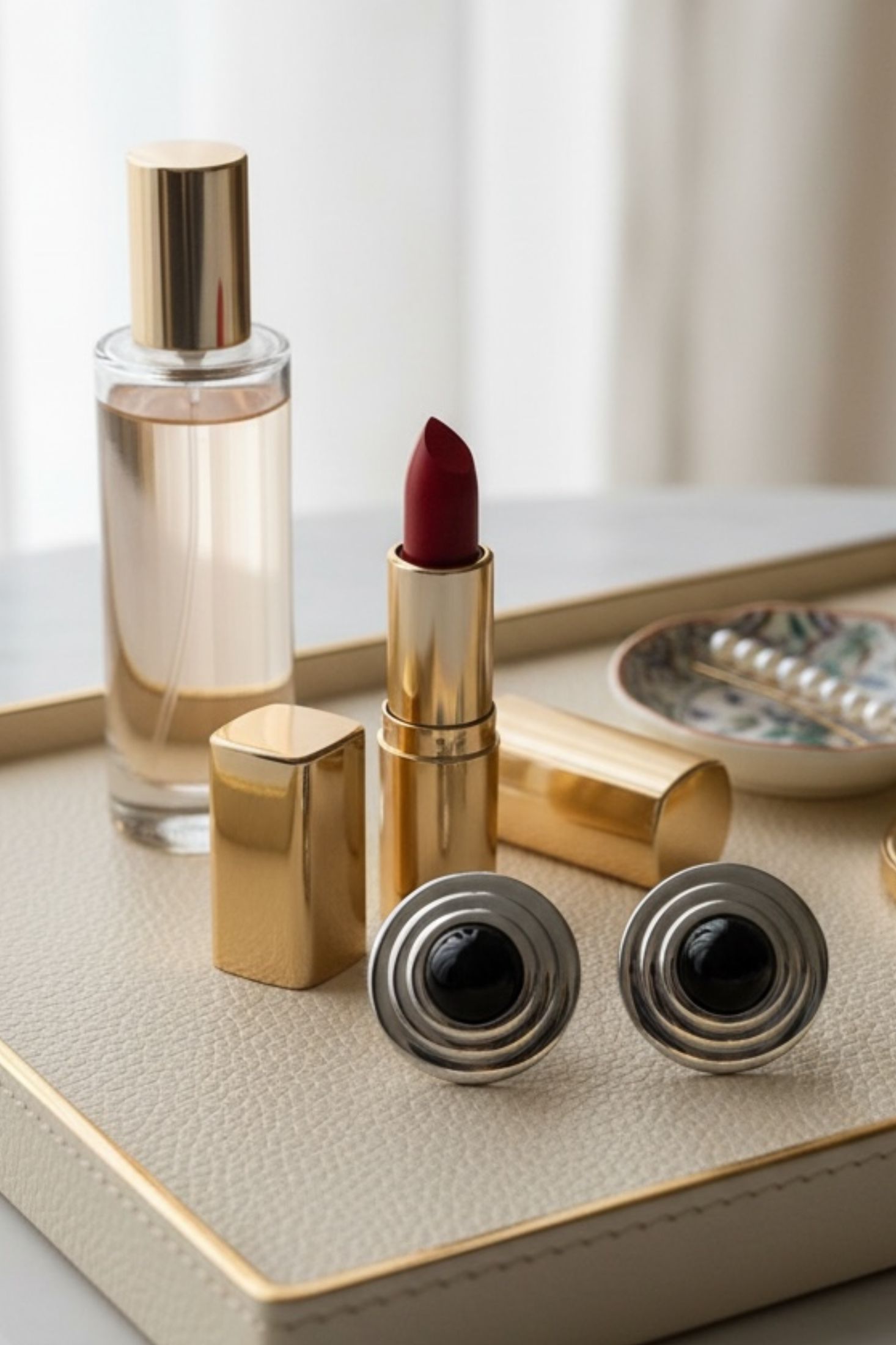 Gold lipstick, perfume bottle, and silver earrings with a circular black centre on a light surface with a neutral background