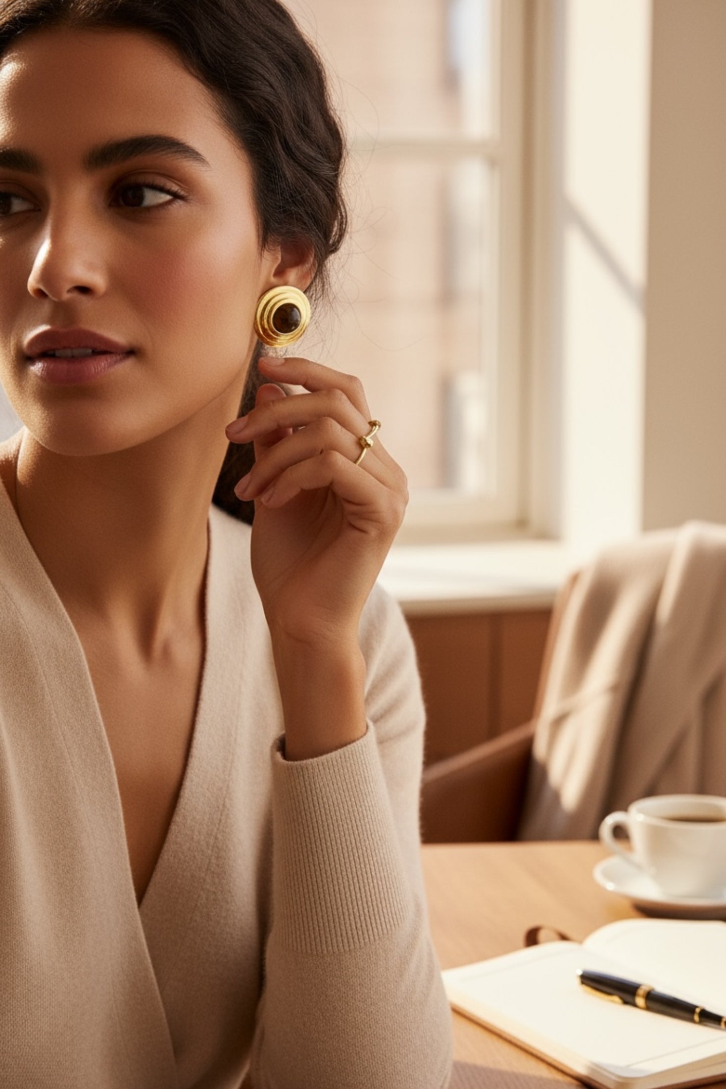 The earring worn by a model.