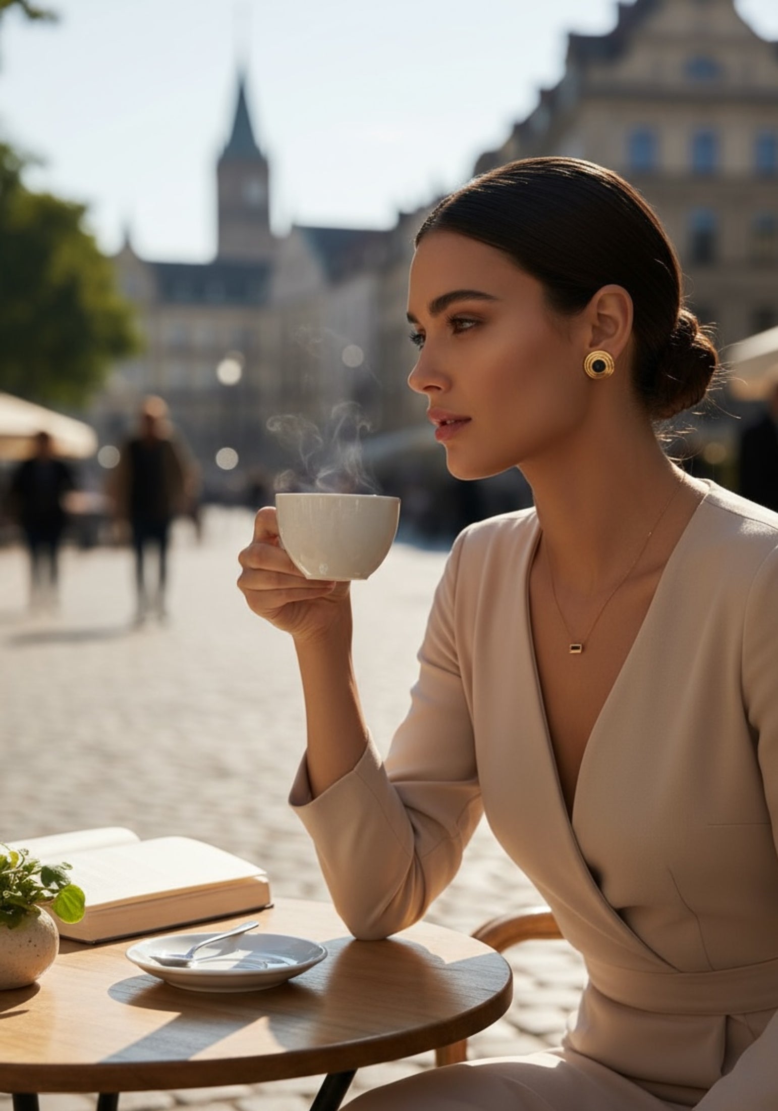 The earring worn by a model.