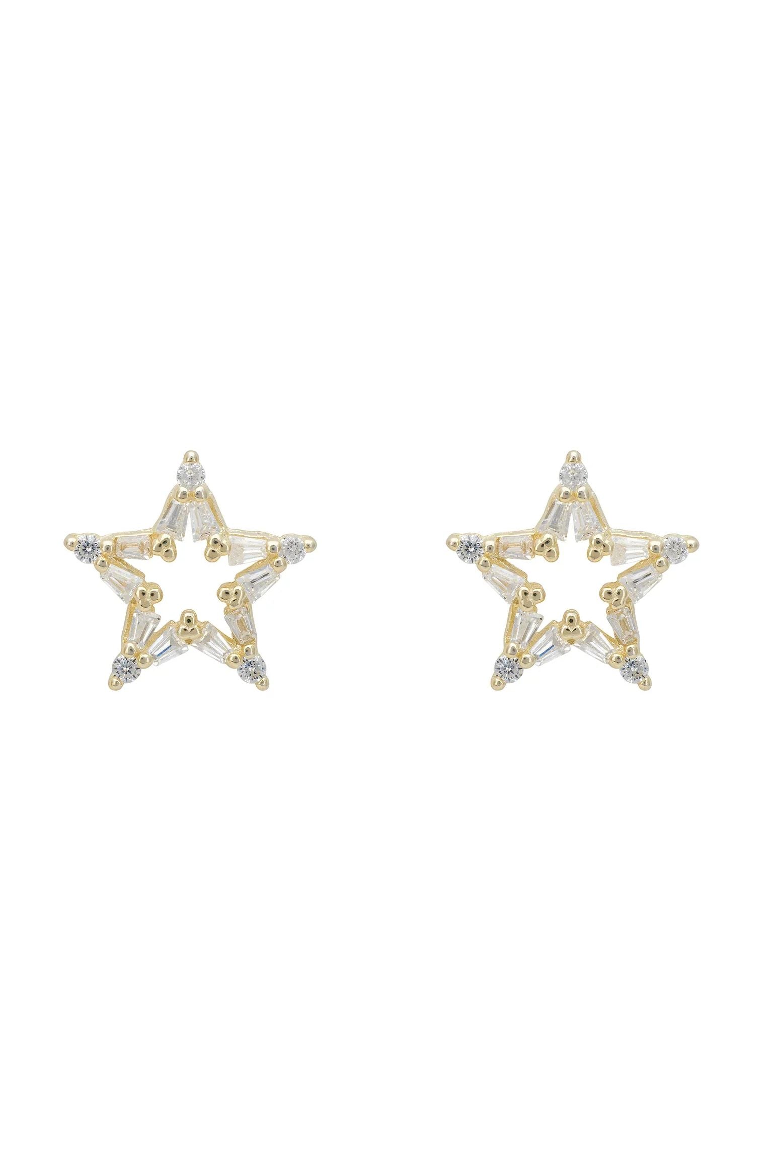 Clear gemstone gold star stud earrings.