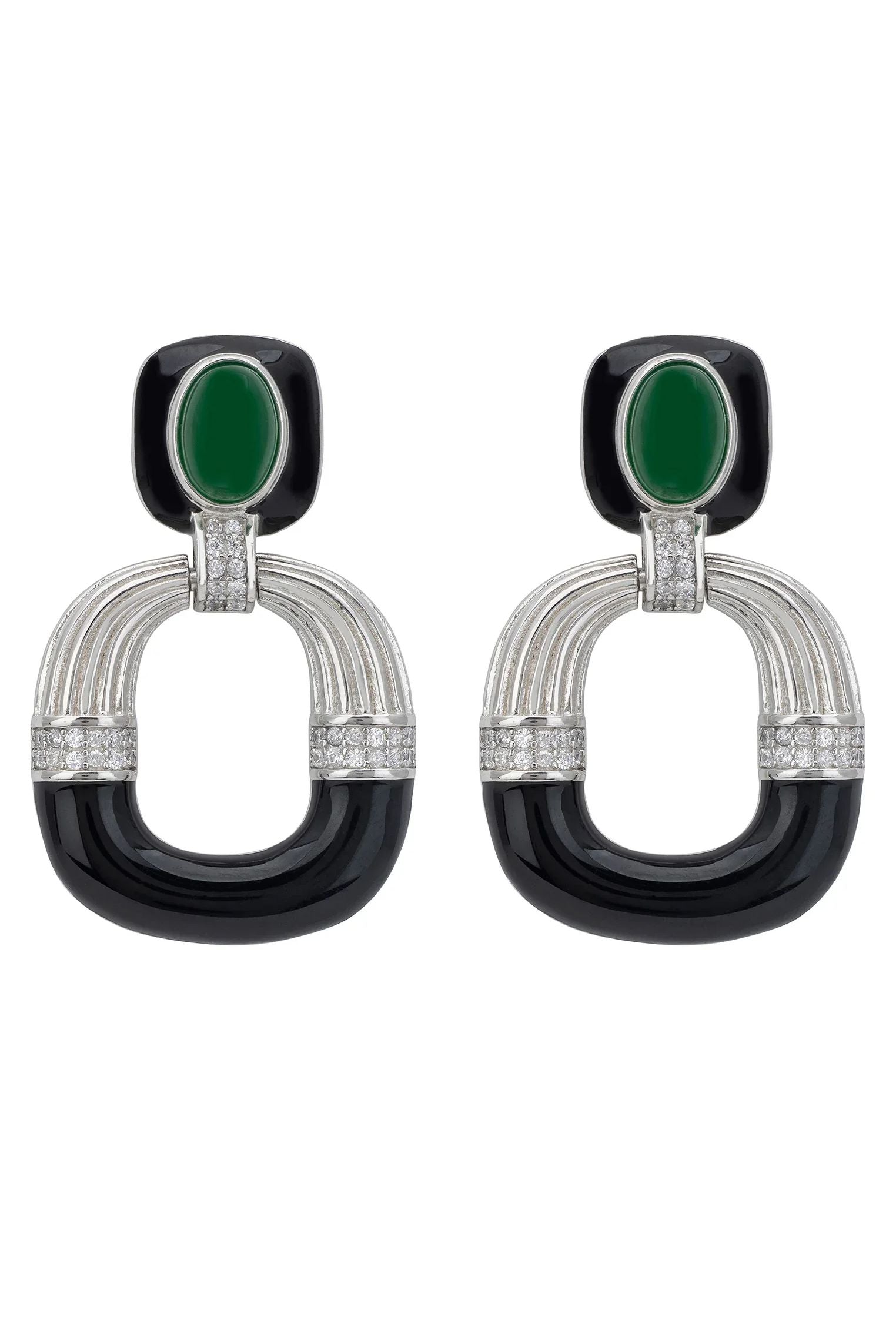 Green, black and silver art deco earrings.