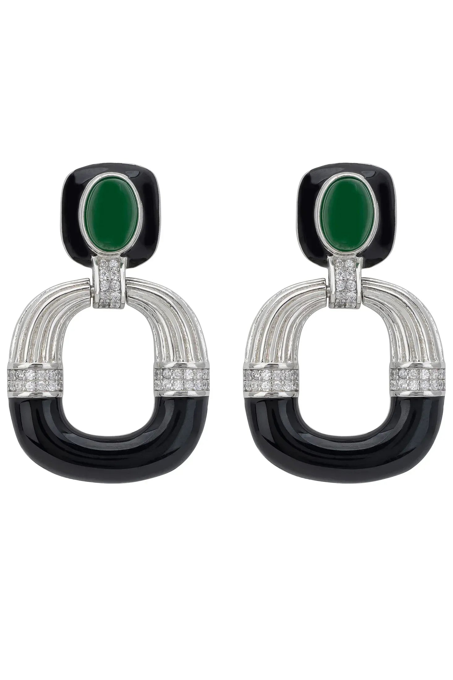 Green, black and silver art deco earrings.