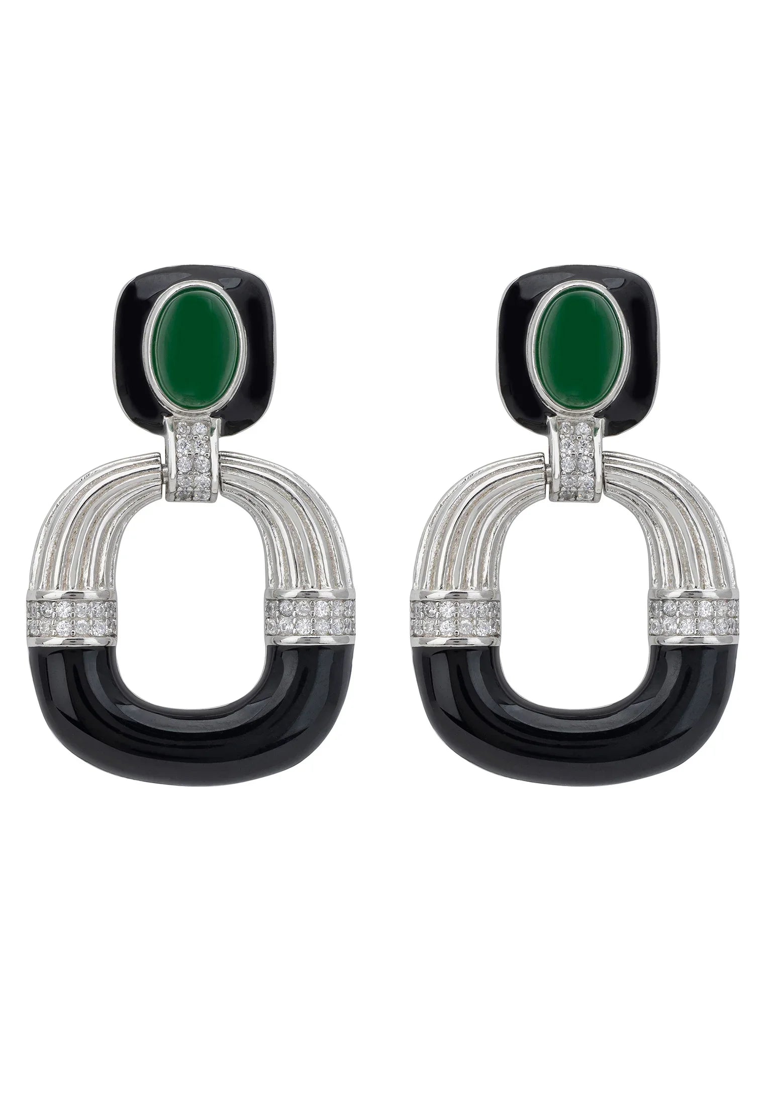 Green, black and silver art deco earrings.