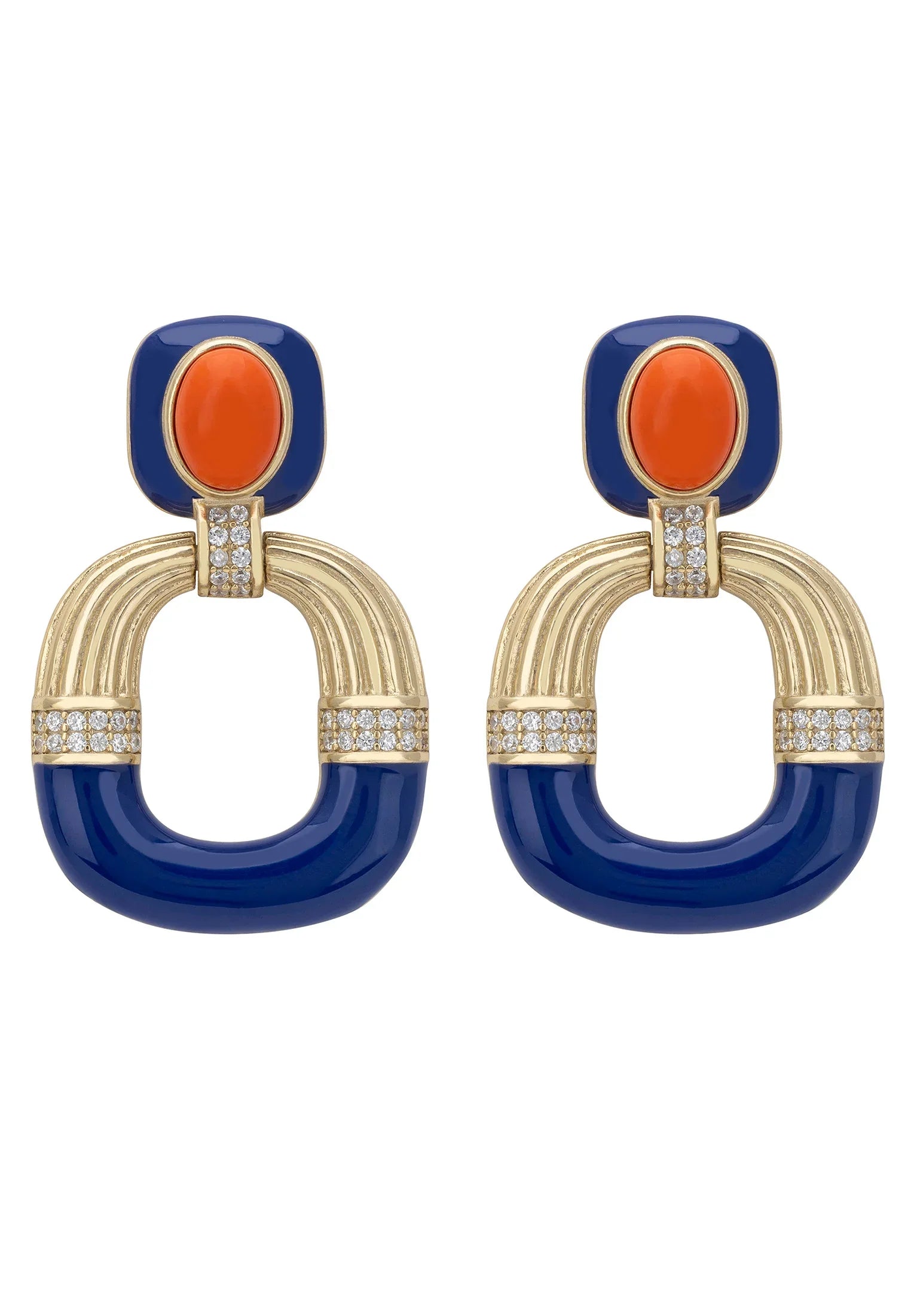 Coral, blue and gold art deco earrings.