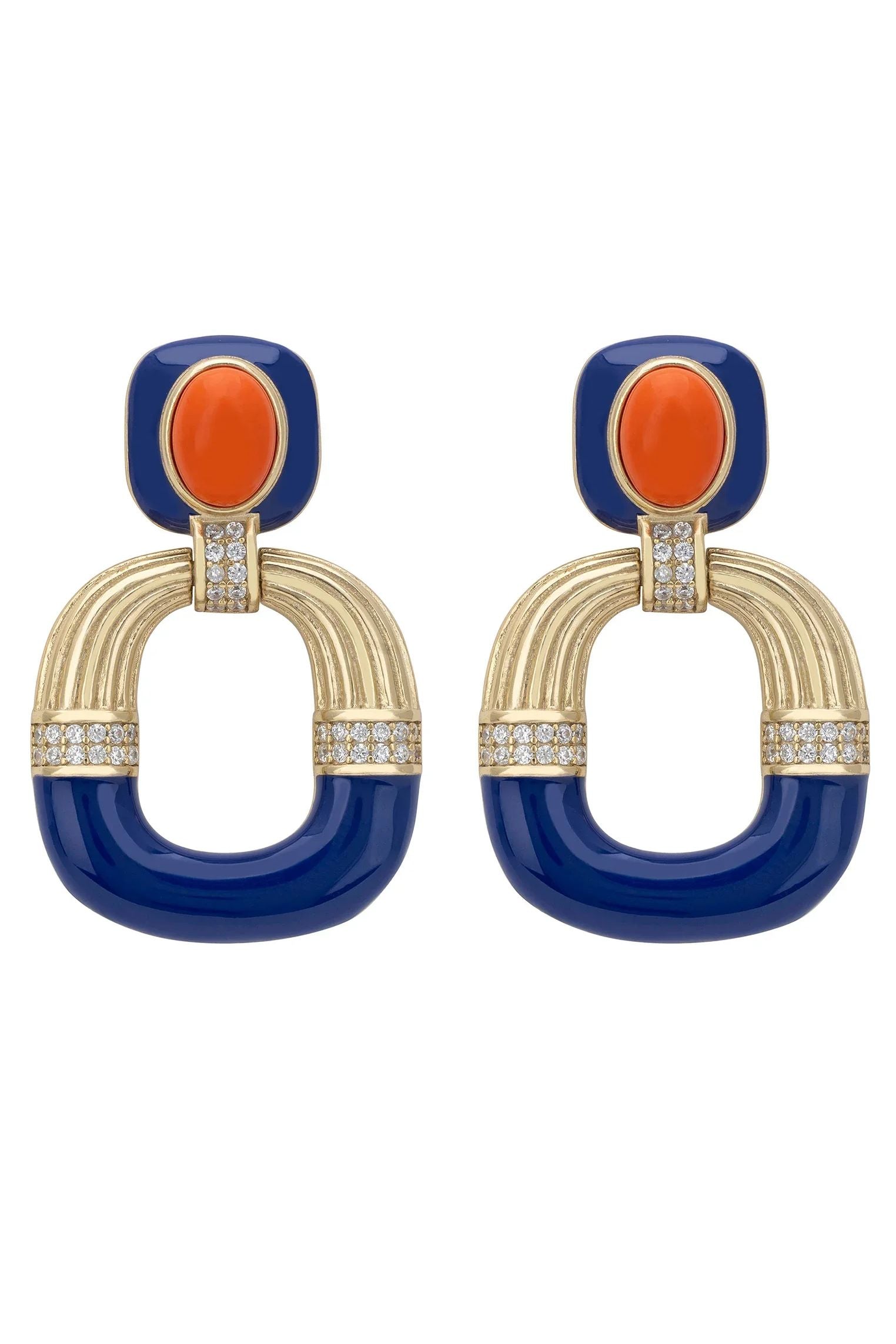 Coral, blue and gold art deco earrings.