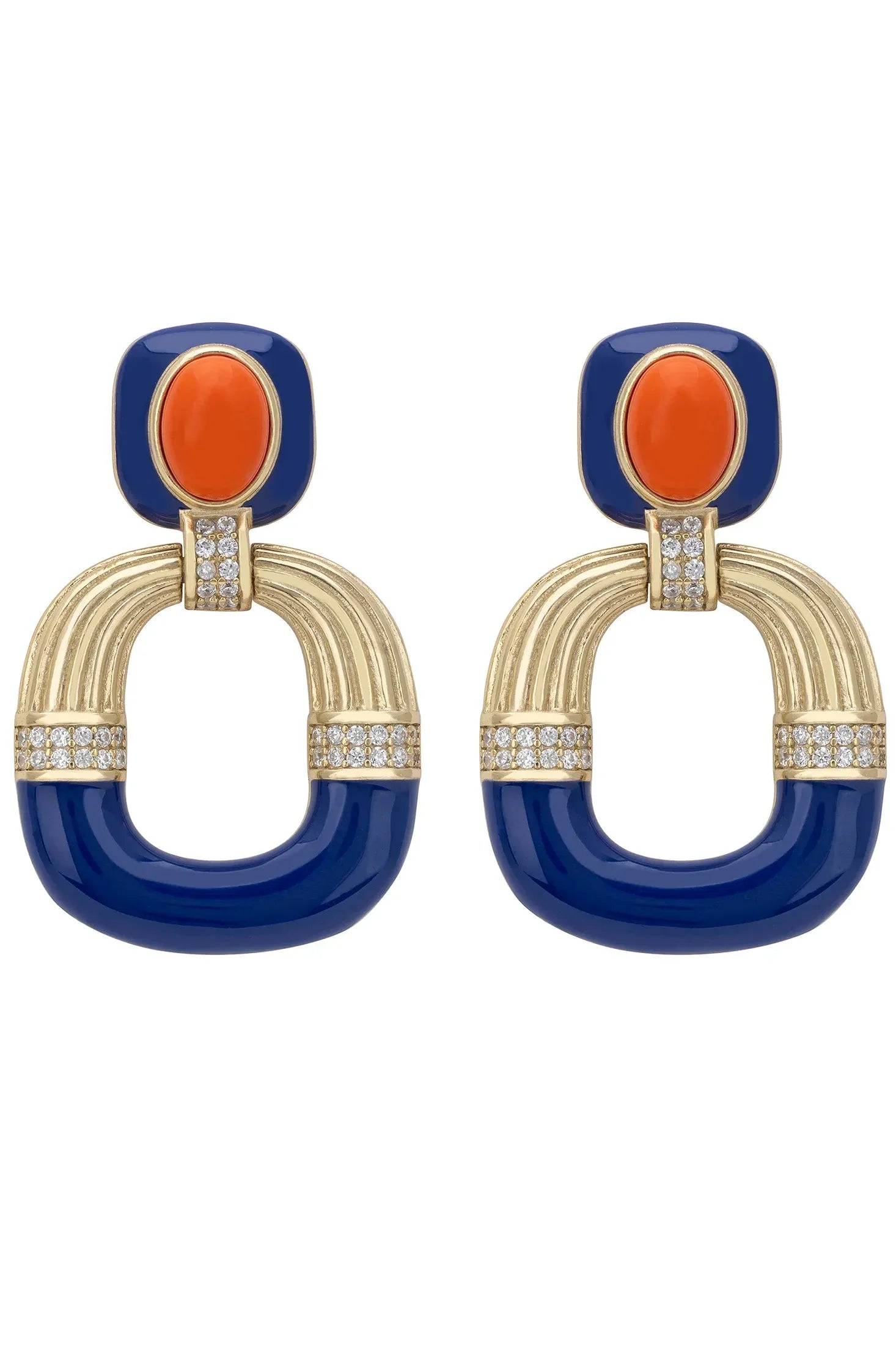 Coral, blue and gold art deco earrings.