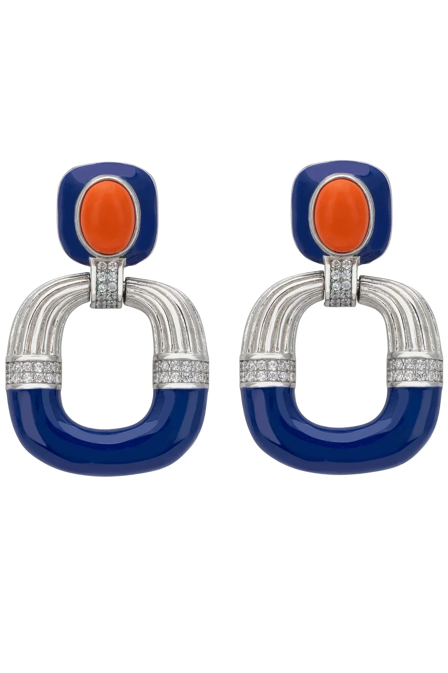 Coral, blue and silver art deco earrings.
