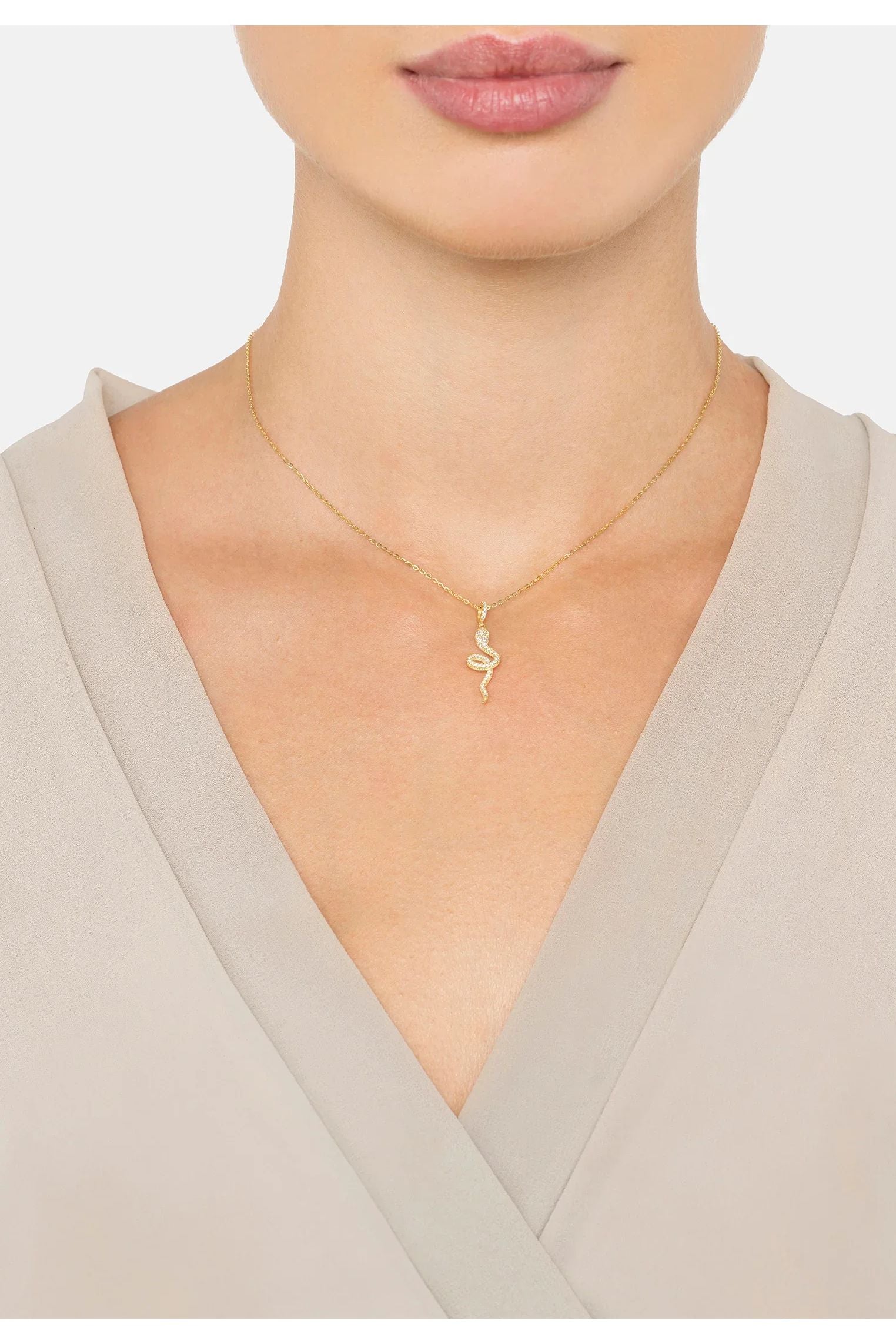 The necklace worn by a model.