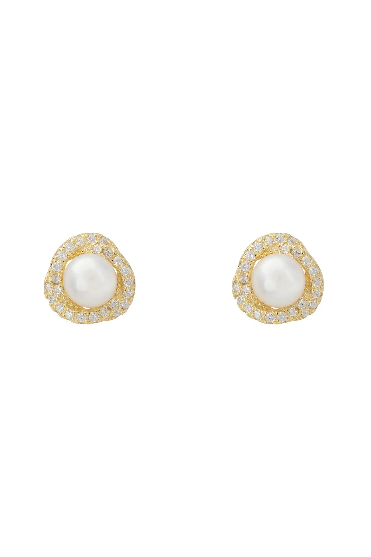 Diamond and gold knotted pearl stud earrings.