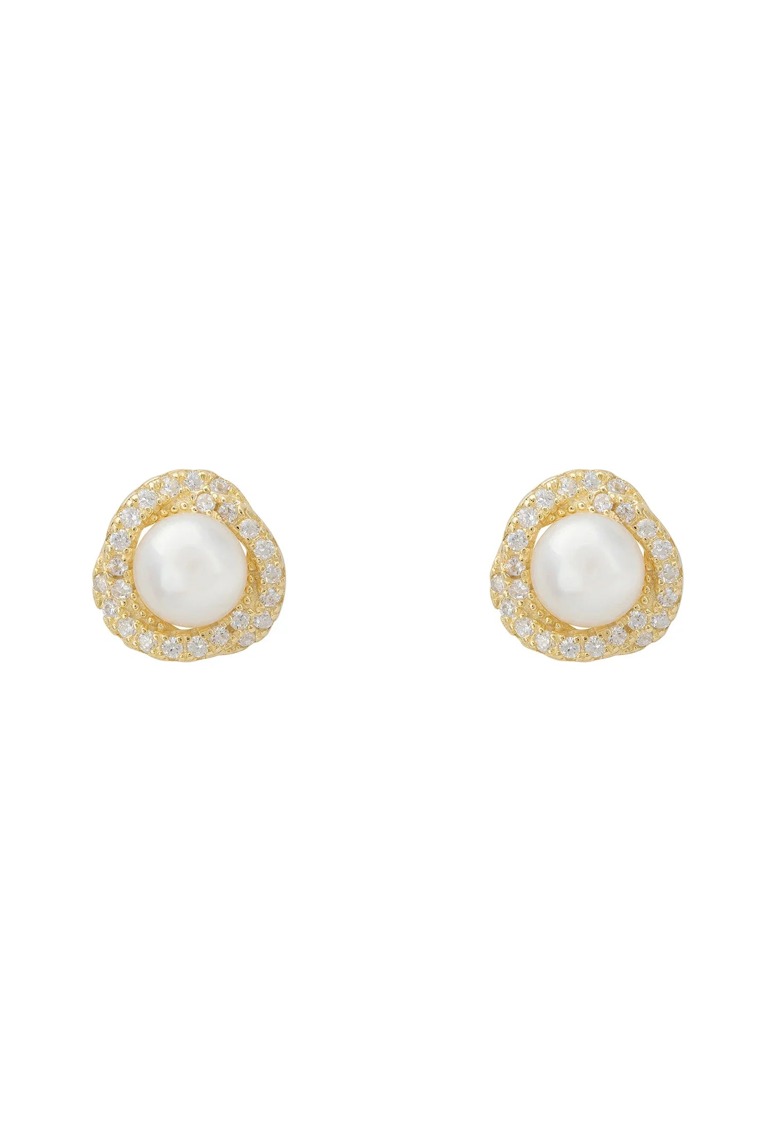 Diamond and gold knotted pearl stud earrings.