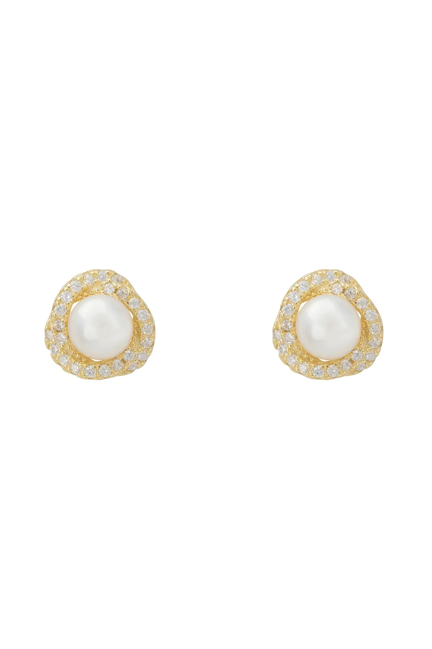 Diamond and gold knotted pearl stud earrings.