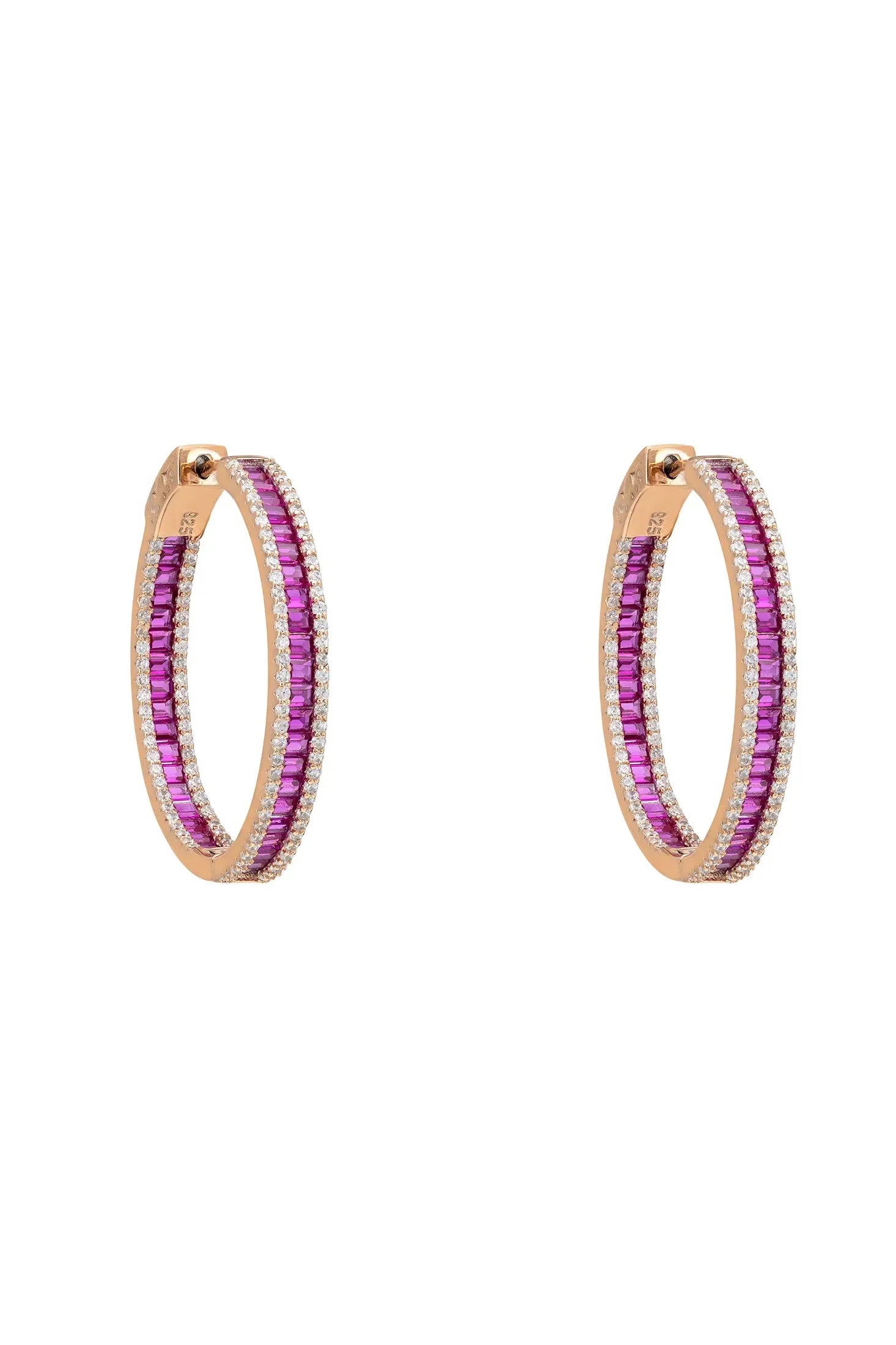 Rose gold ruby hoop earrings.