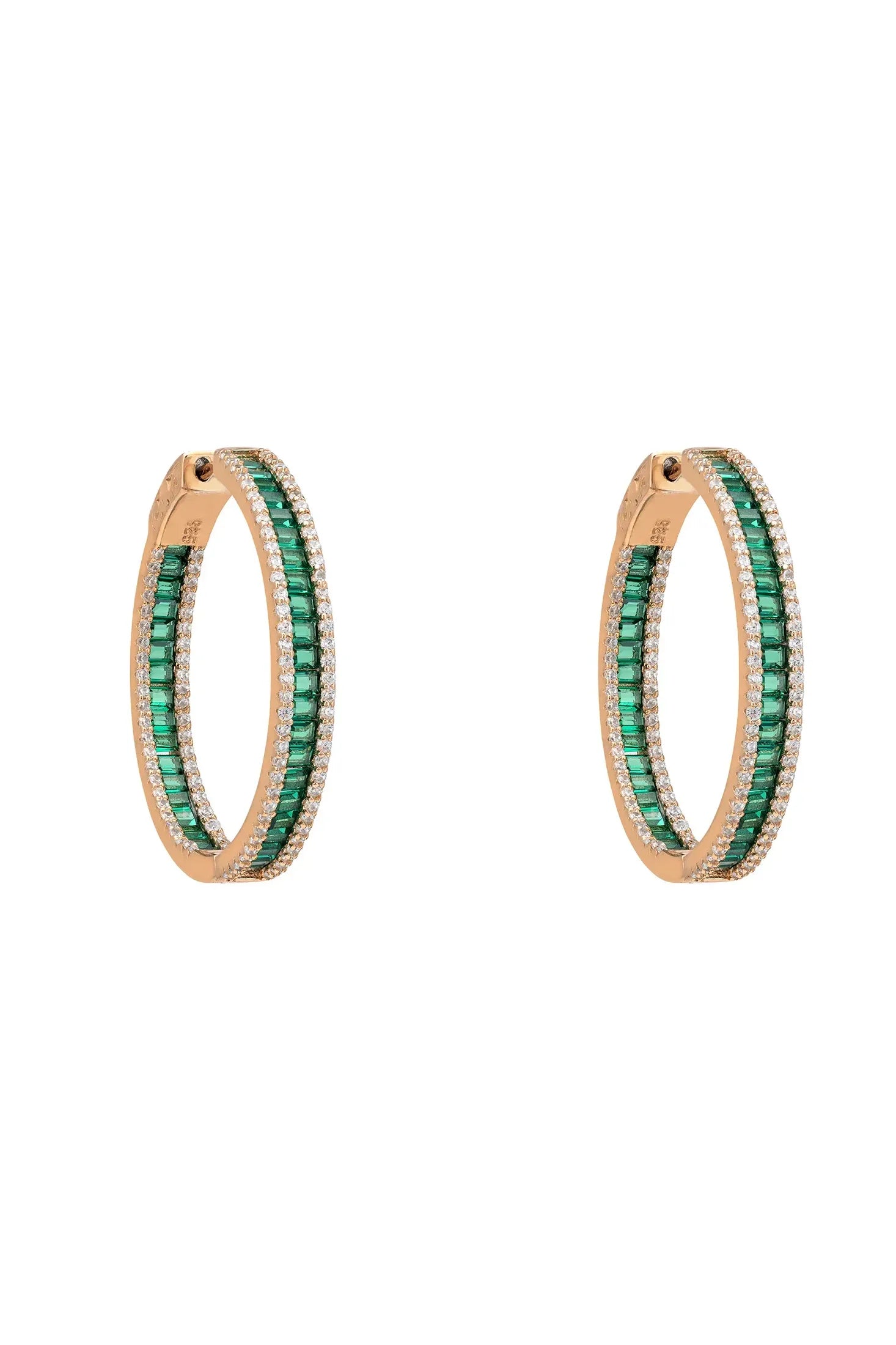 Rose gold emerald hoop earrings.