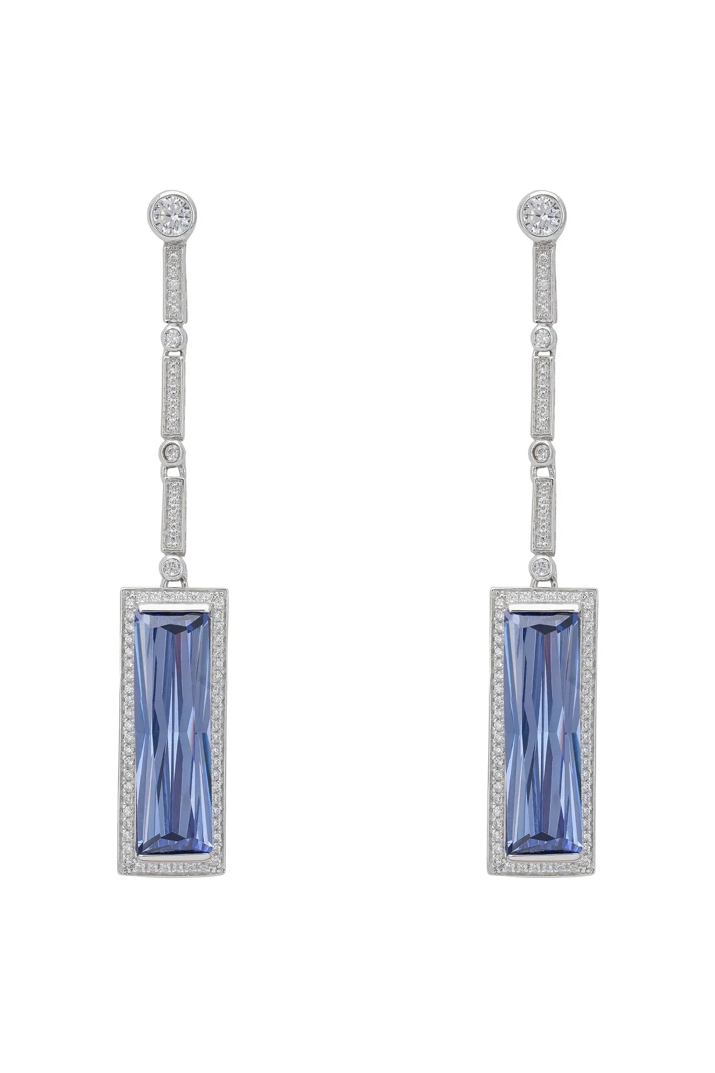 Rectangle blue gemstone diamond long drop earrings.