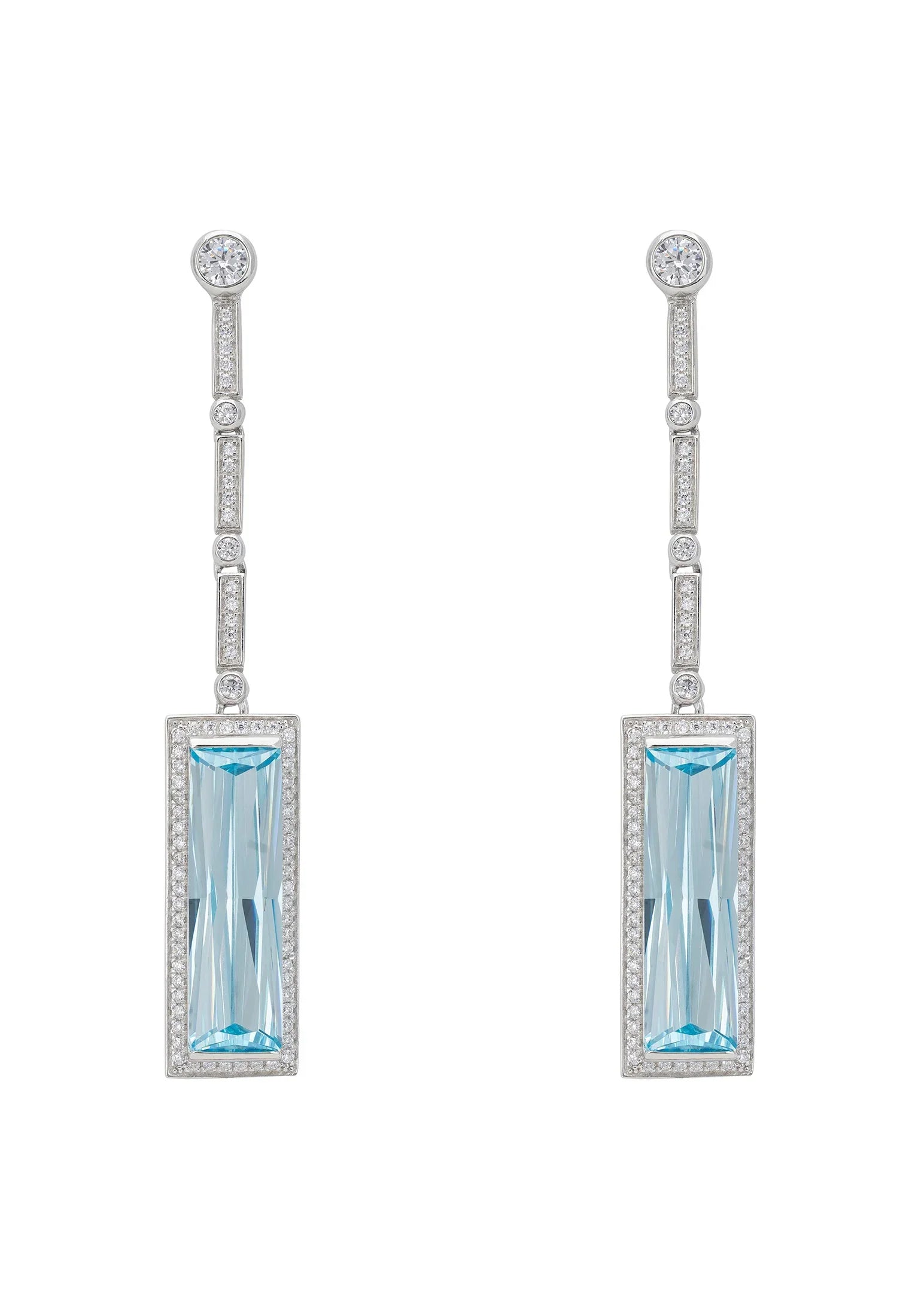 Rectangle aquamarine diamond long drop earrings.