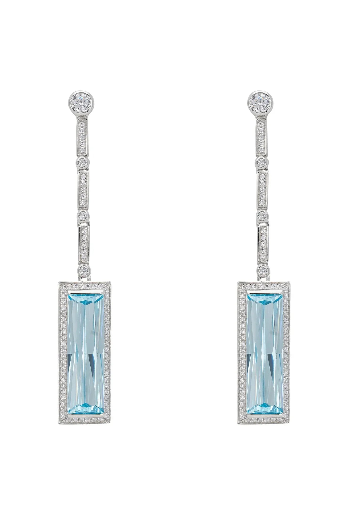 Rectangle aquamarine diamond long drop earrings.