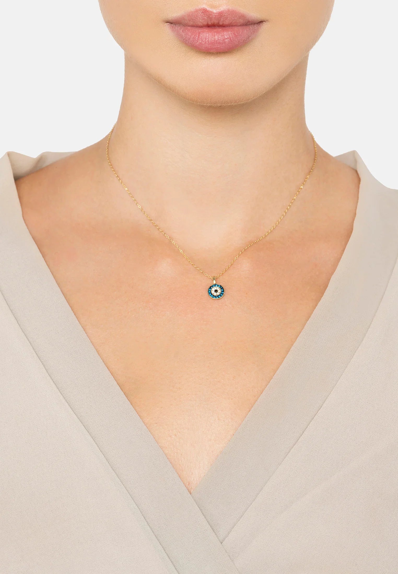 The necklace worn by a model.