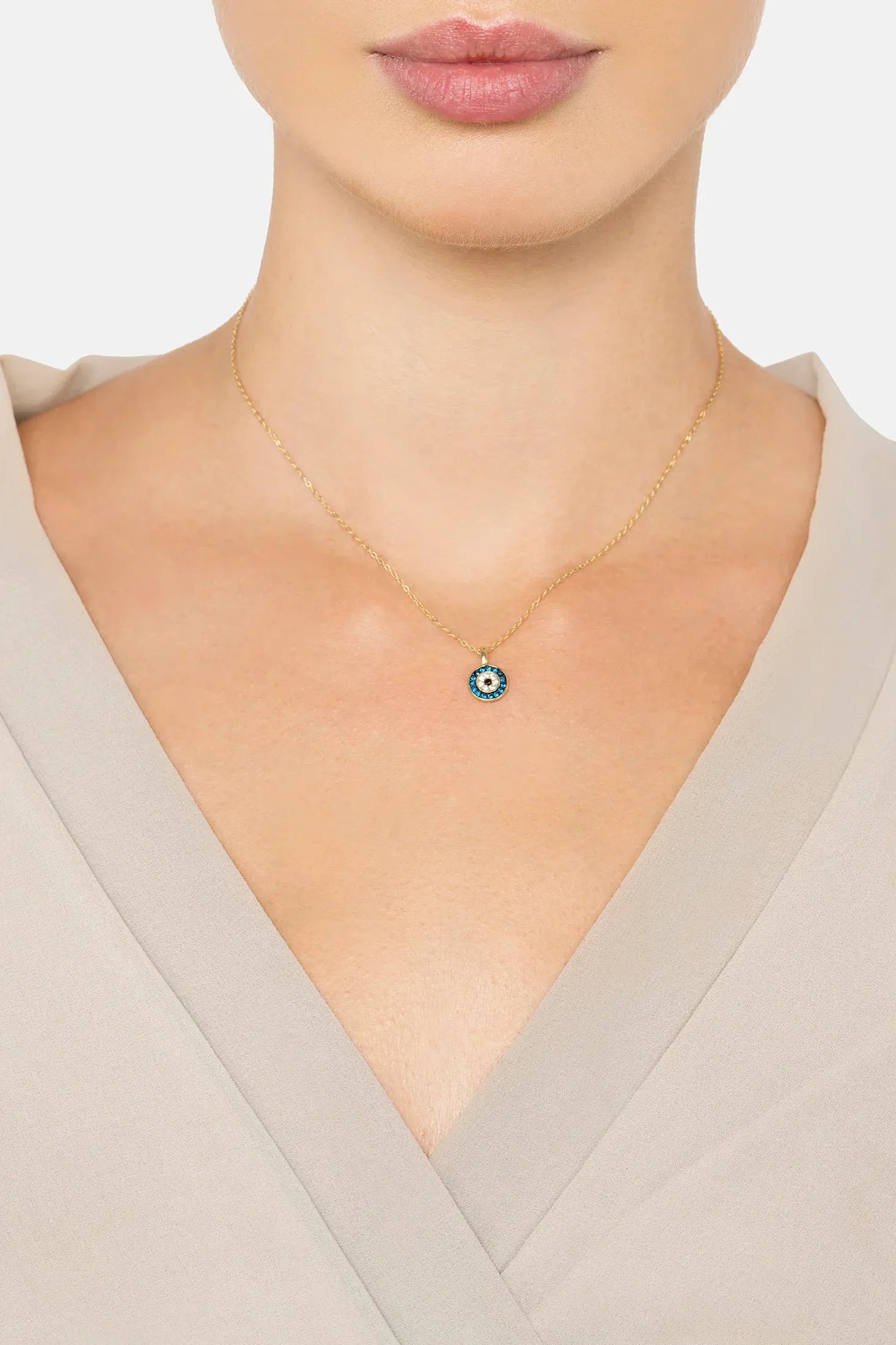 The necklace worn by a model.