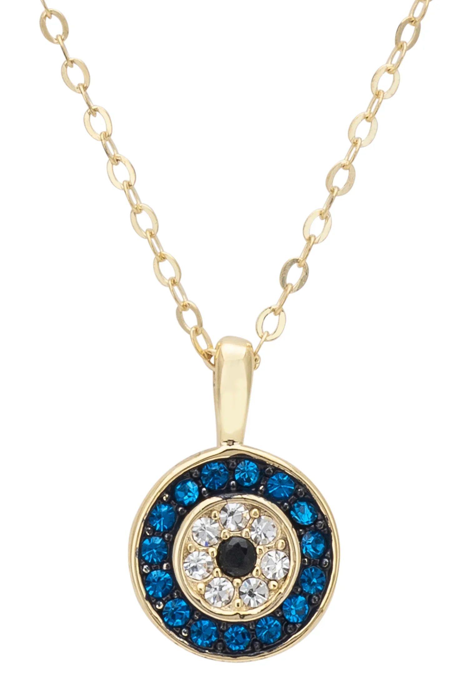 Close-up of the gemstone evil eye gold pendant.