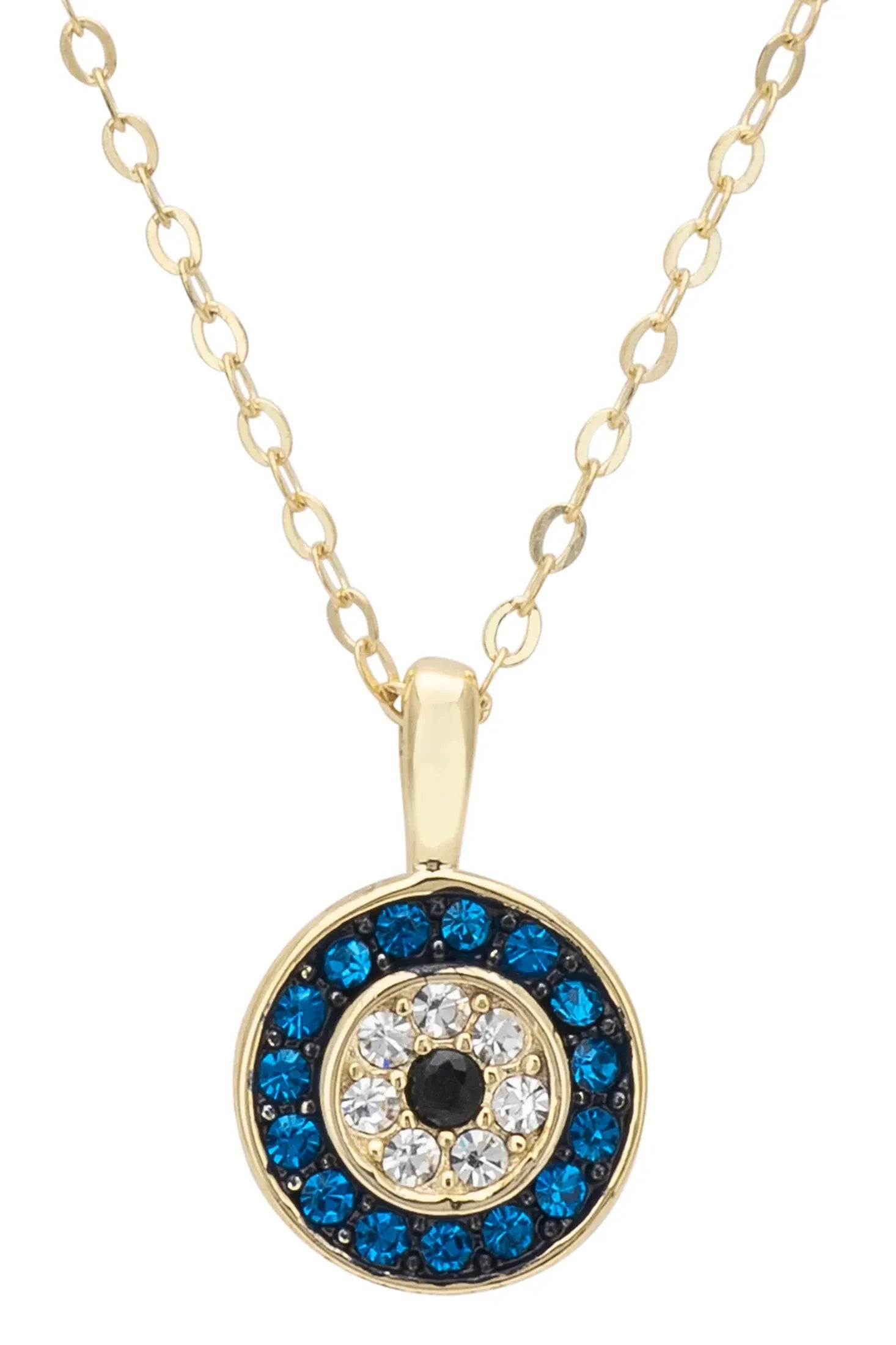 Close-up of the gemstone evil eye gold pendant.