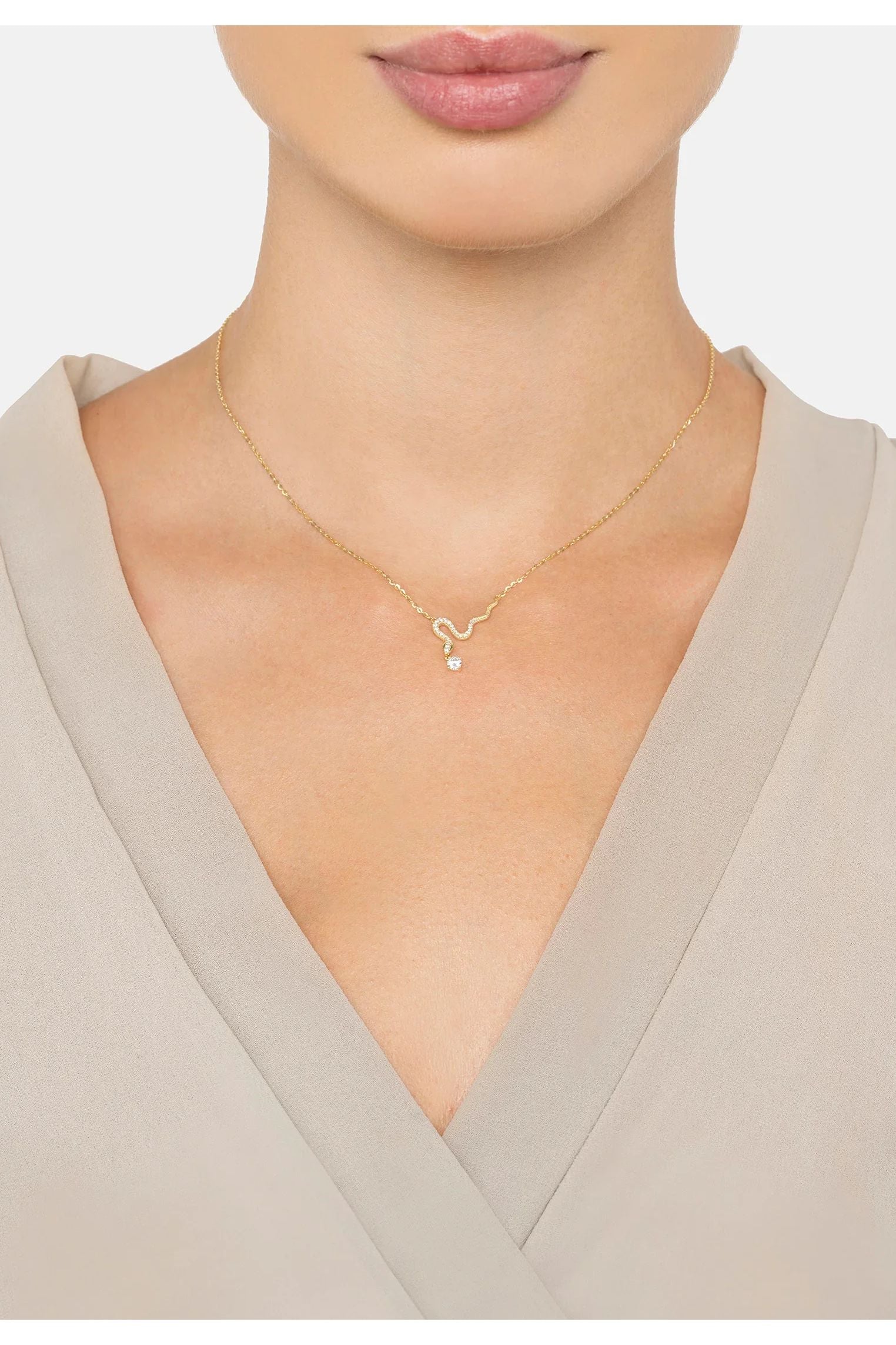 The necklace worn by a model.