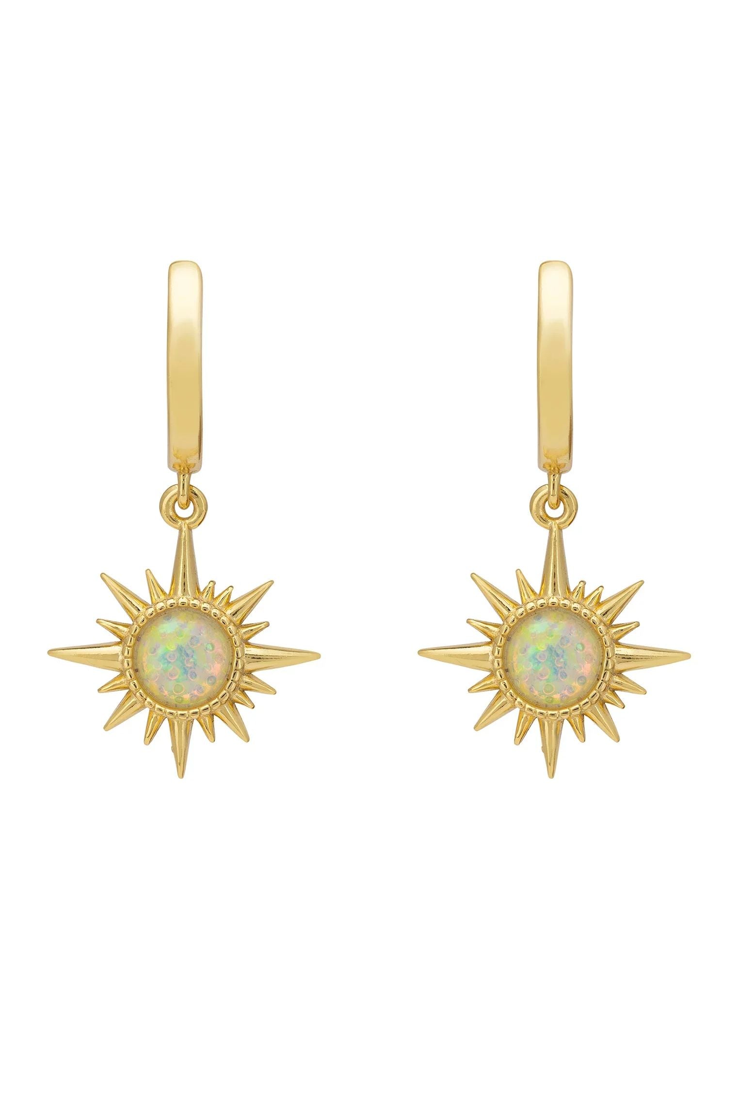 Opal starburst gold hoop earrings.