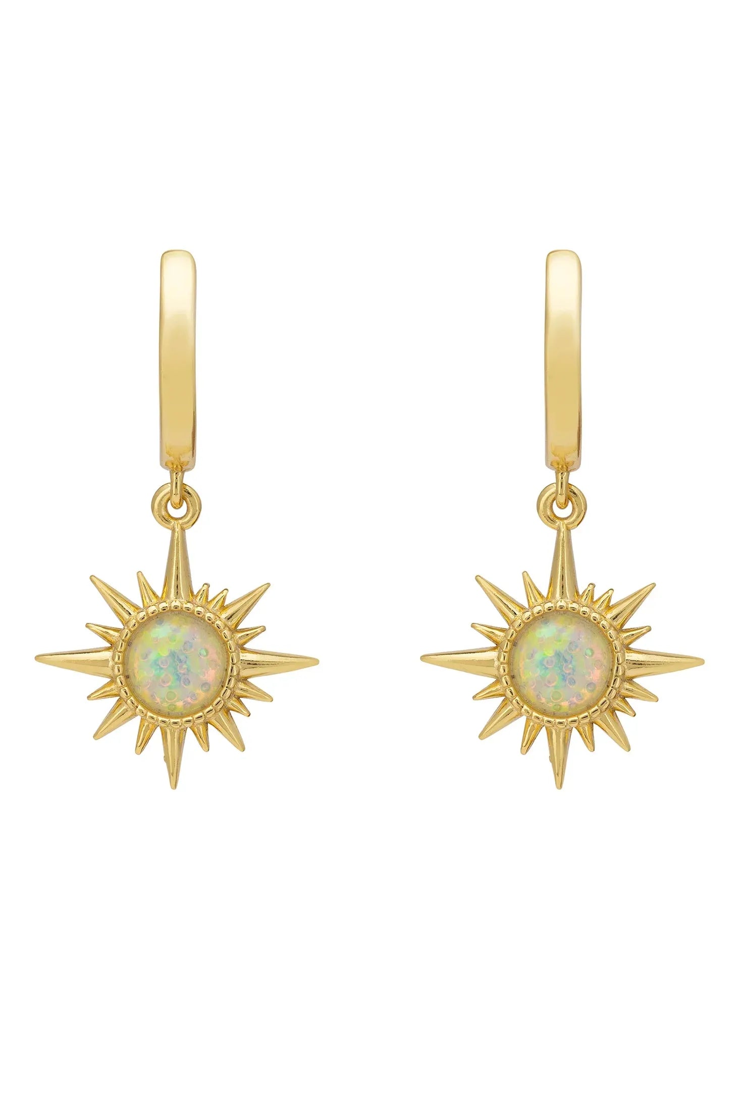 Opal starburst gold hoop earrings.