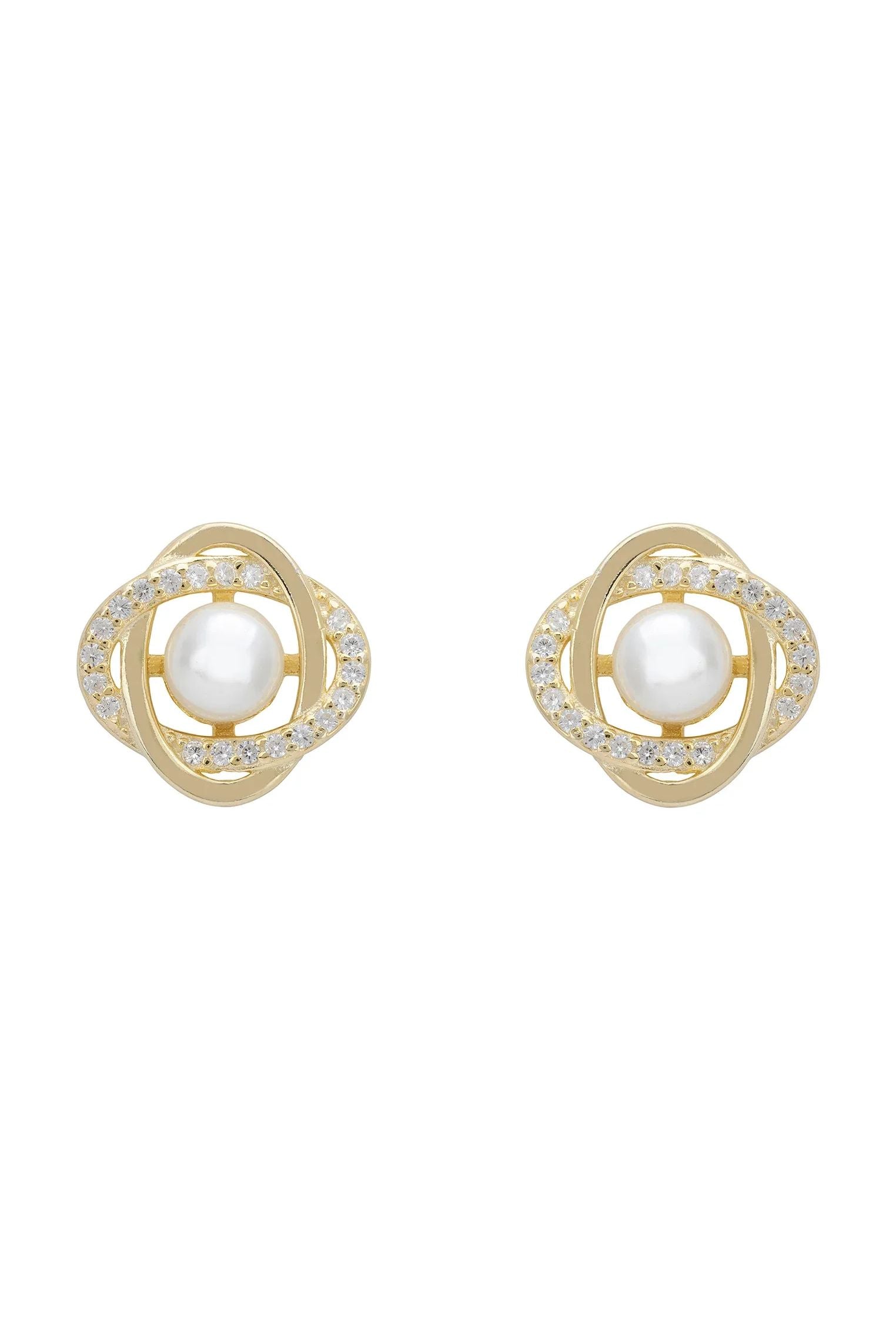 Gold Celtic knot pearl stud earrings.