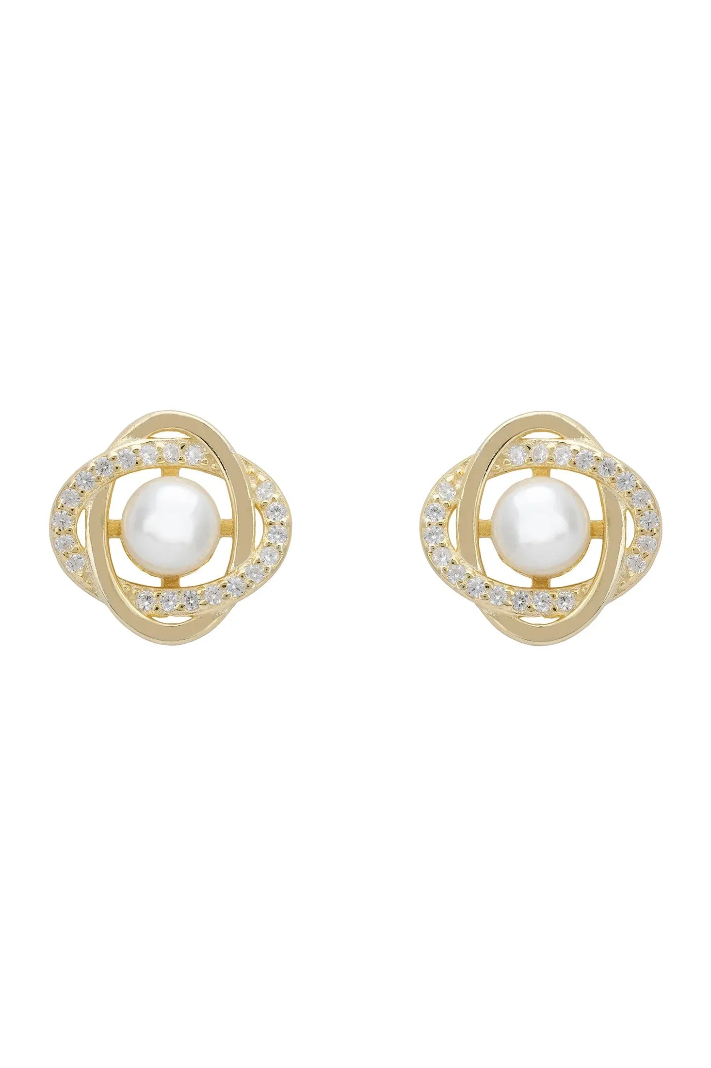 Gold Celtic knot pearl stud earrings.