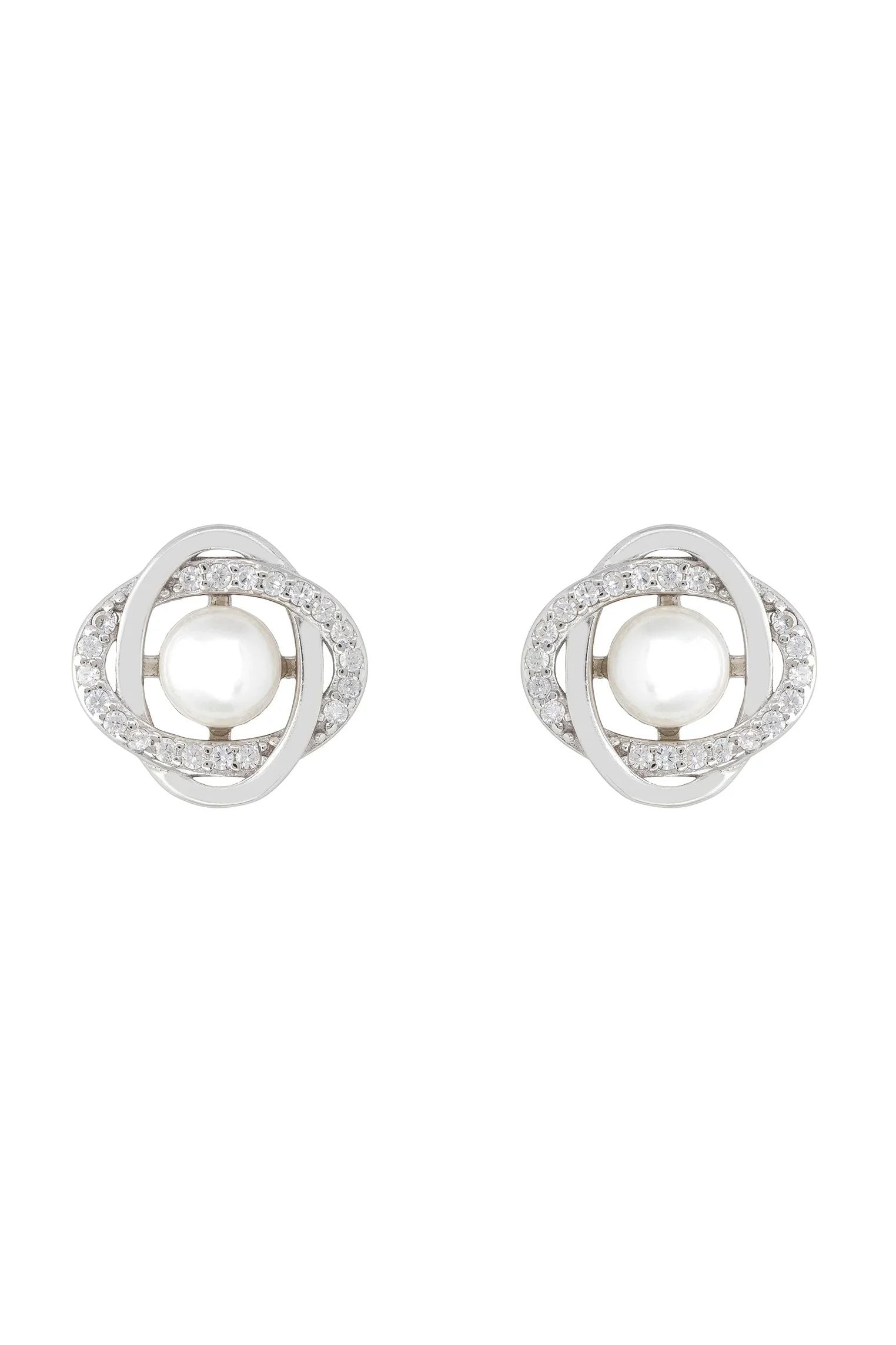 Silver Celtic knot pearl stud earrings.