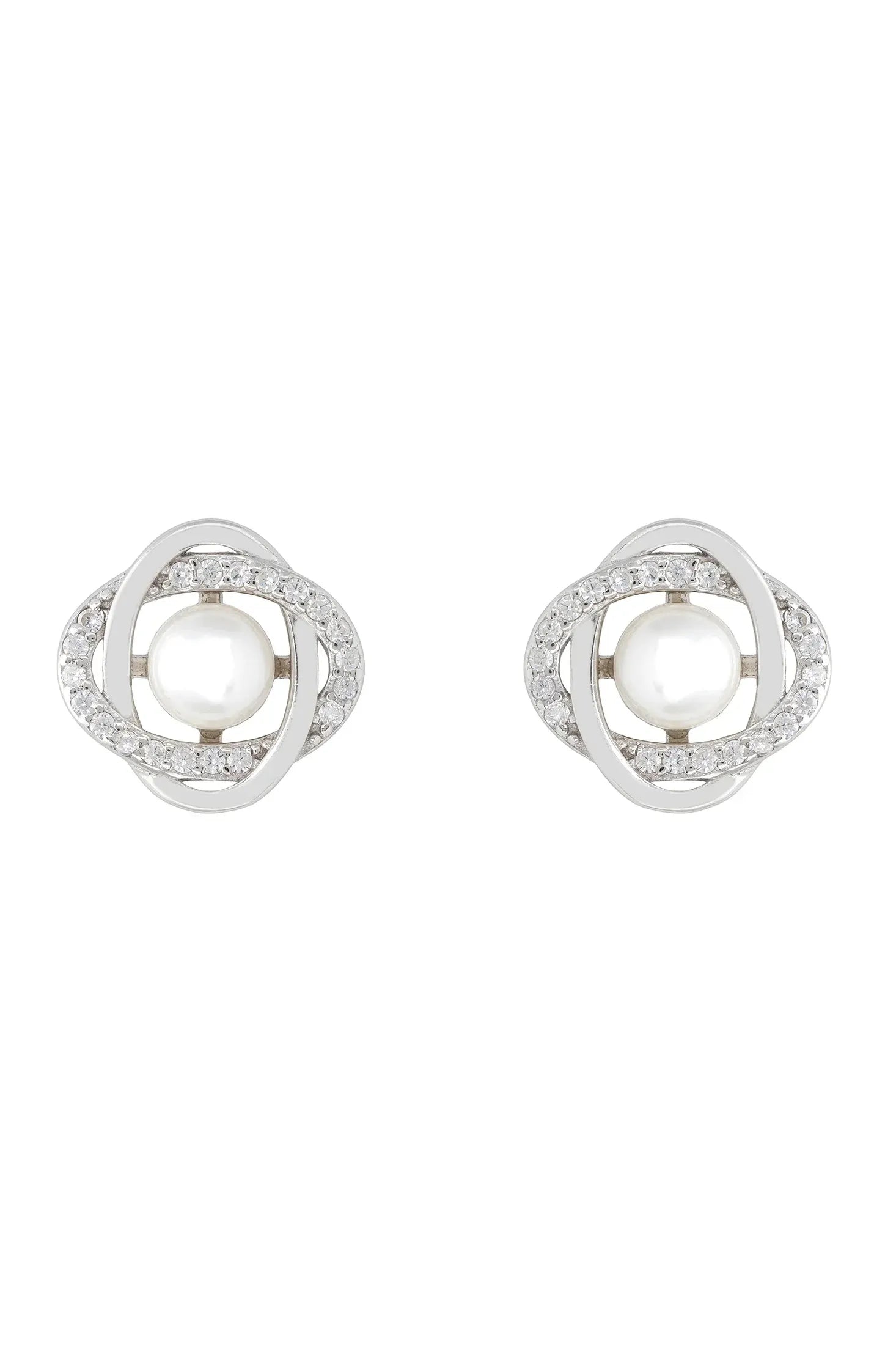 Silver Celtic knot pearl stud earrings.
