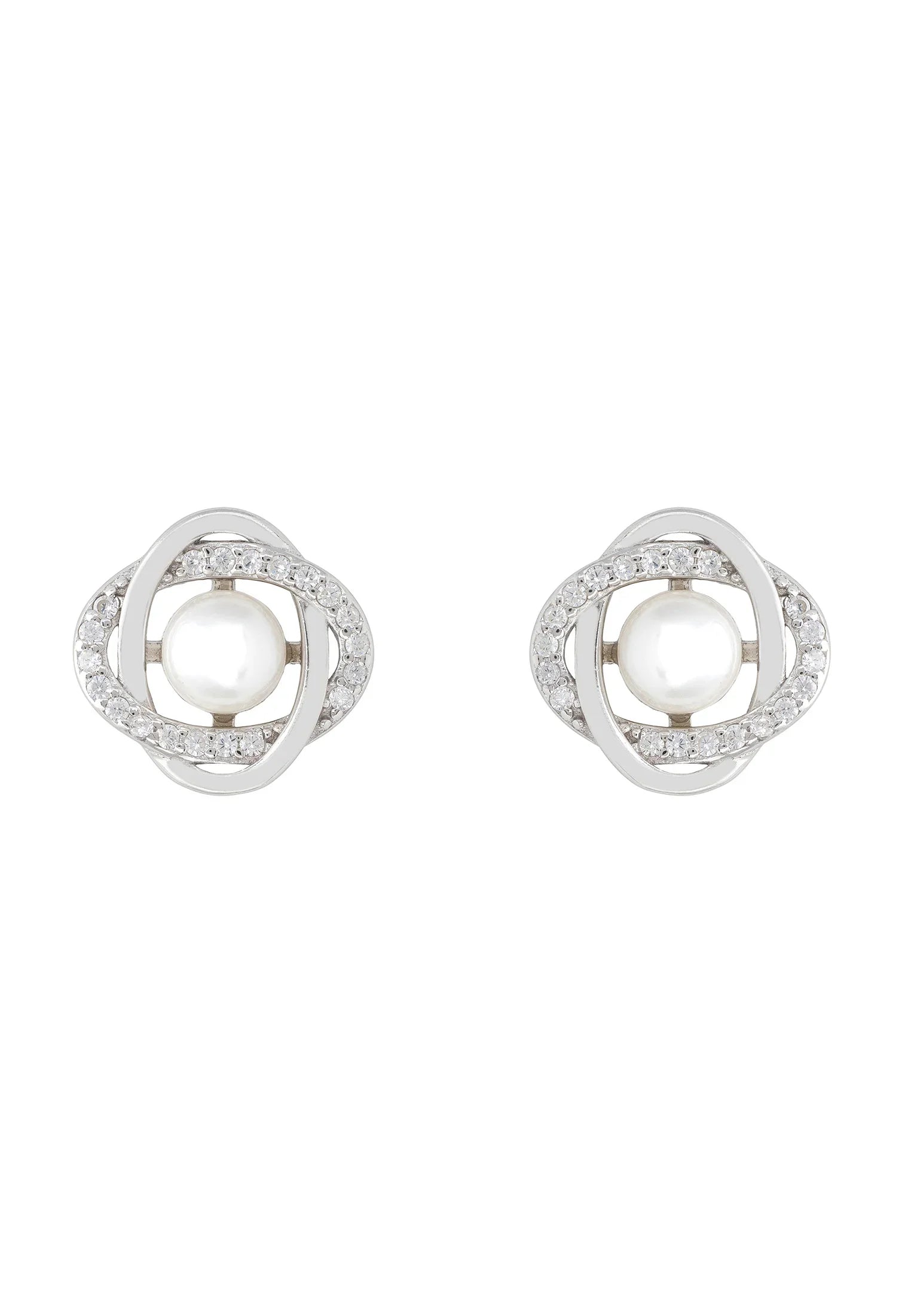 Silver Celtic knot pearl stud earrings.