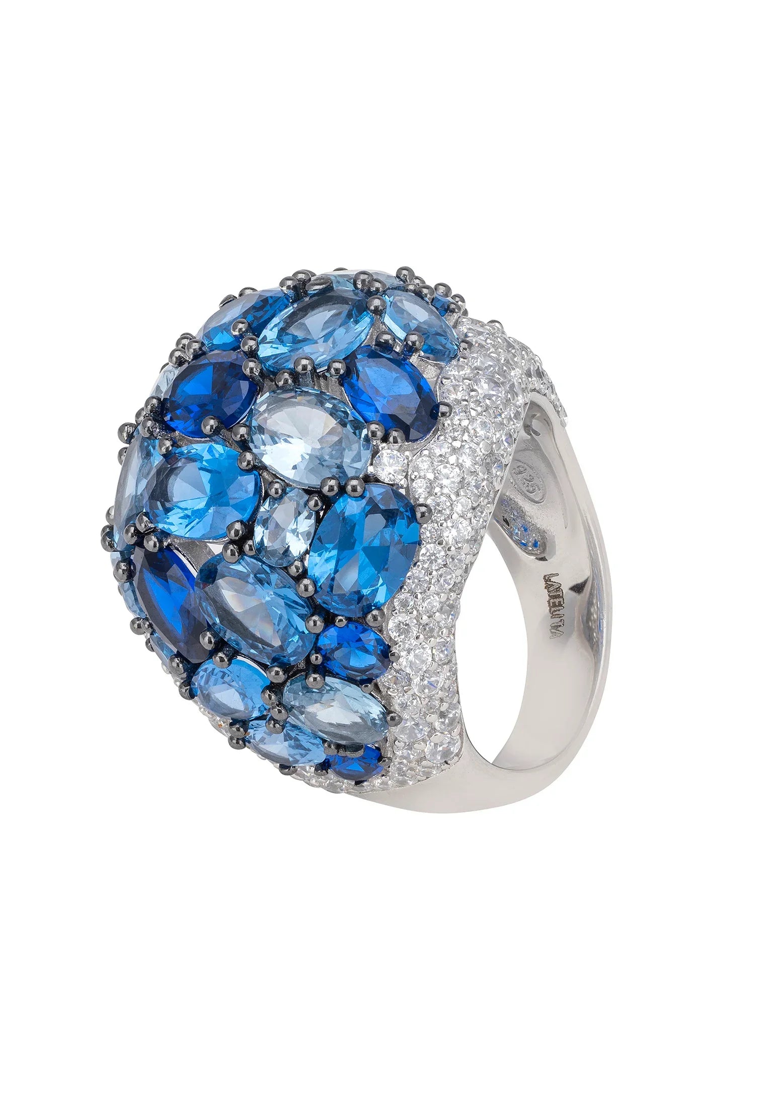 Multiple blue gemstone silver ring.