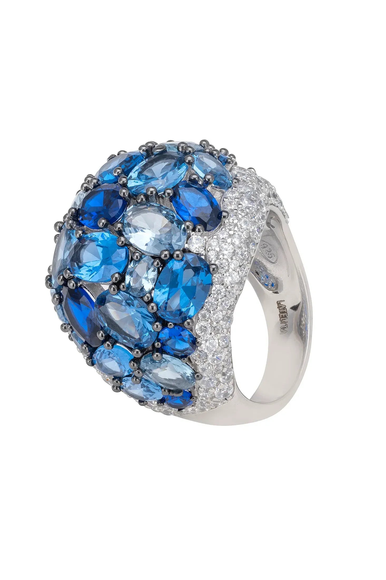 Multiple blue gemstone silver ring.