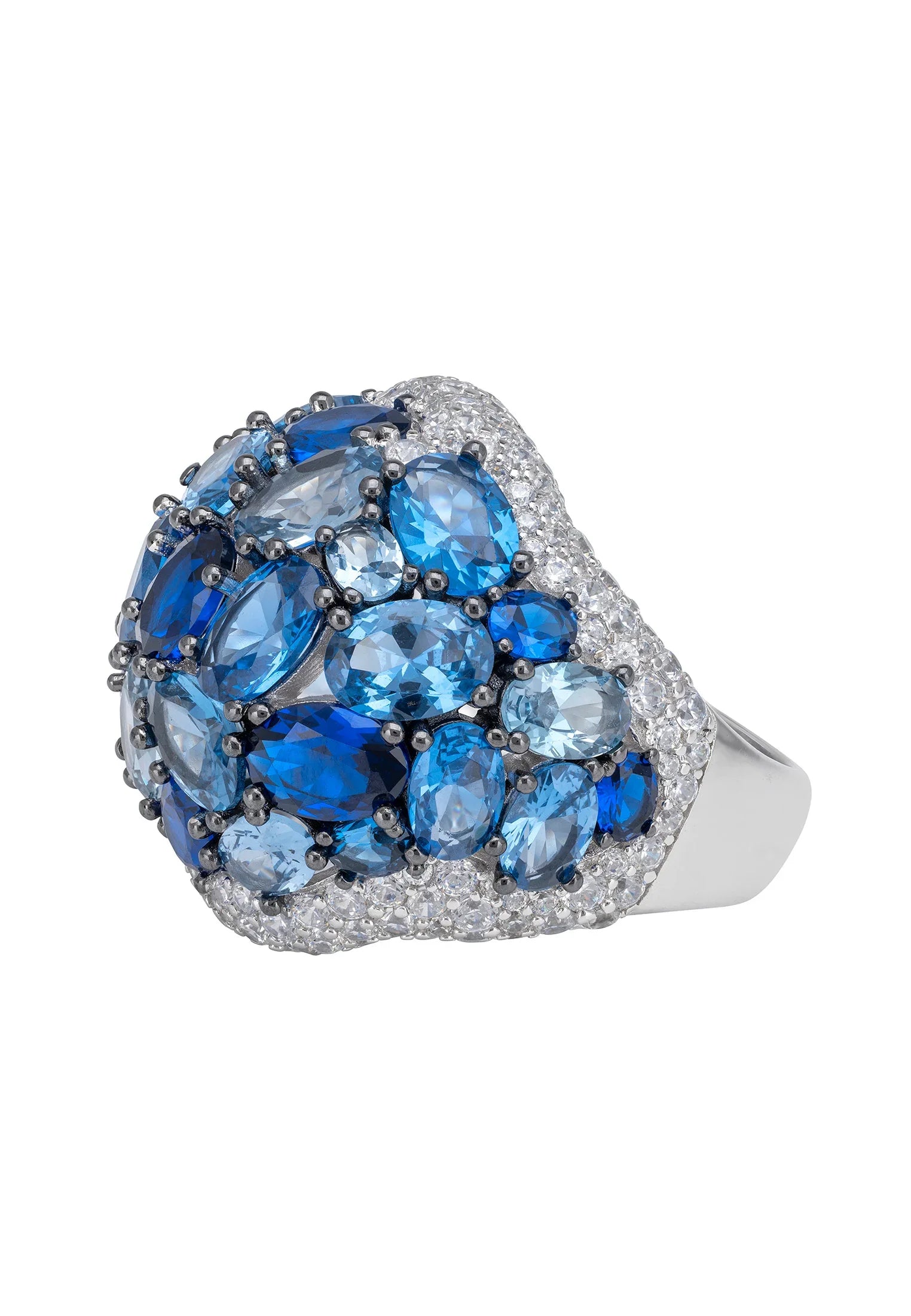 Multiple blue gemstone silver ring.