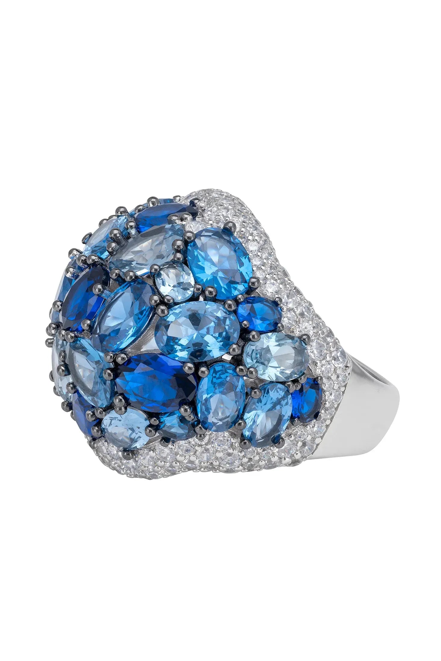 Multiple blue gemstone silver ring.