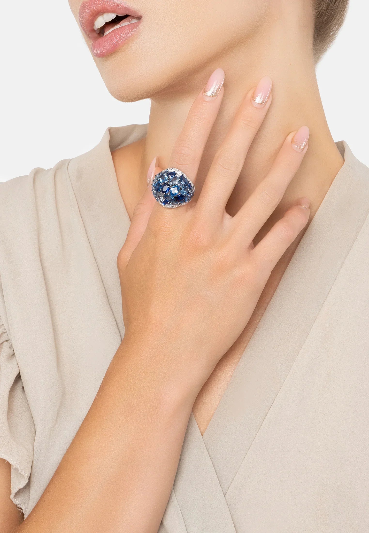 The ring worn by a model.