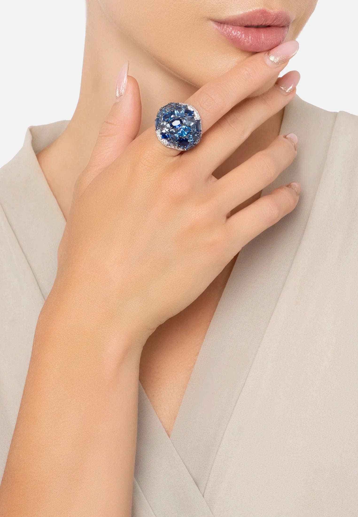The ring worn by a model.