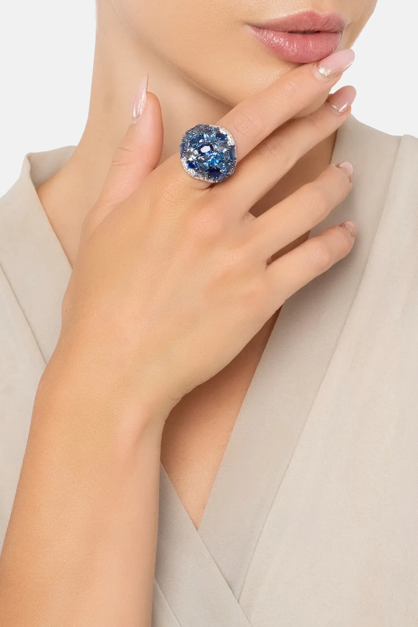 The ring worn by a model.