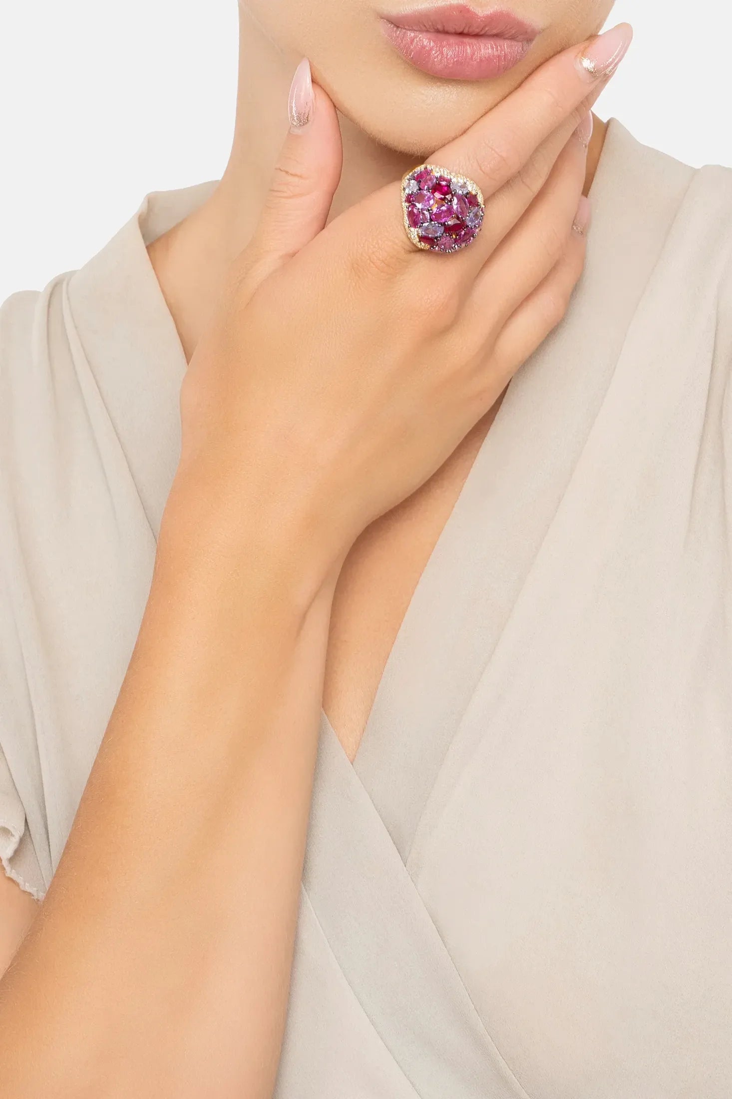 The ring worn by a model.