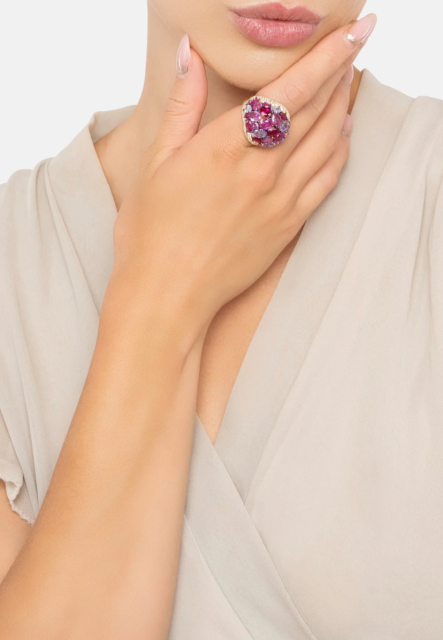 The ring worn by a model.