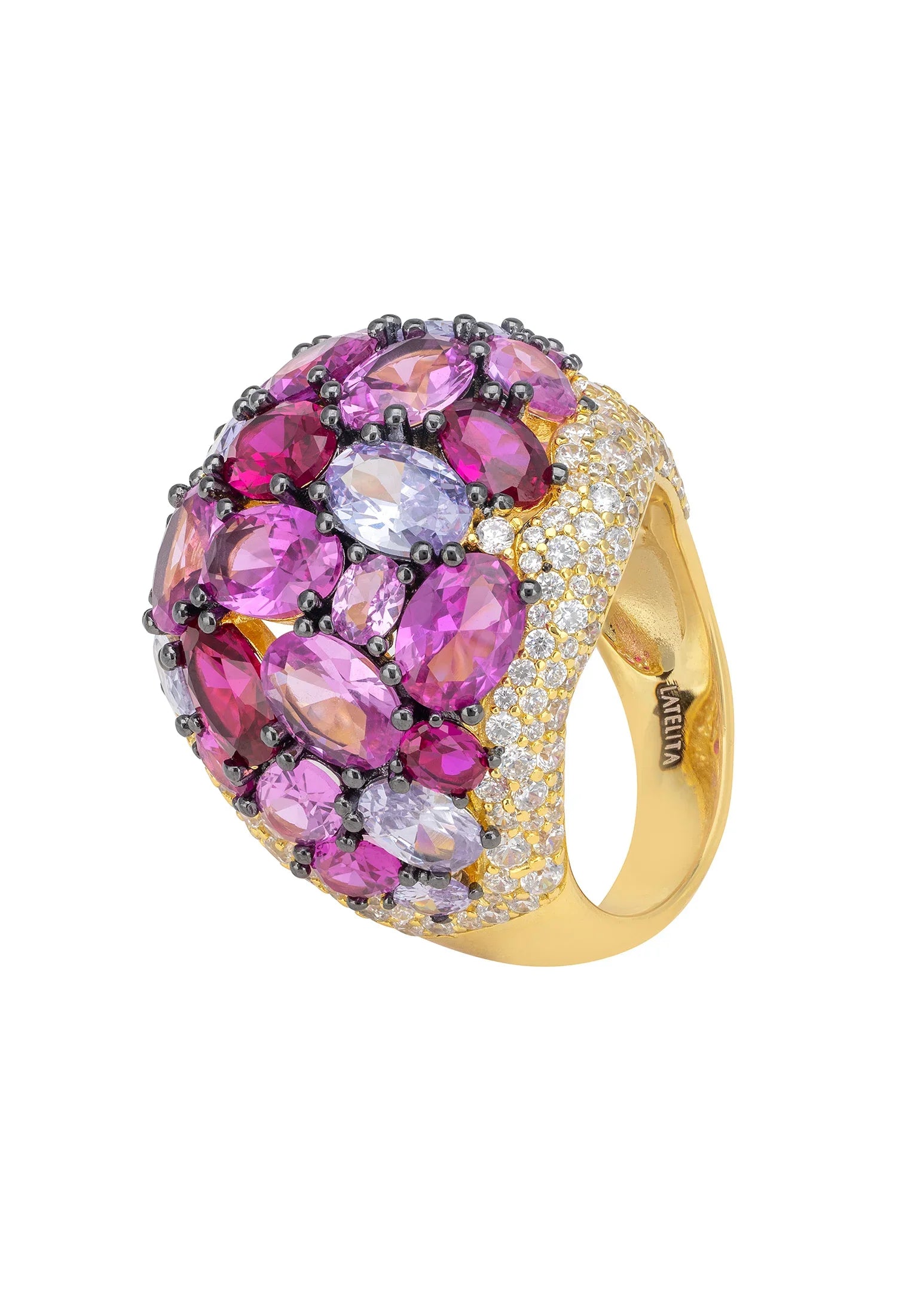 Multiple pink gemstone gold ring.