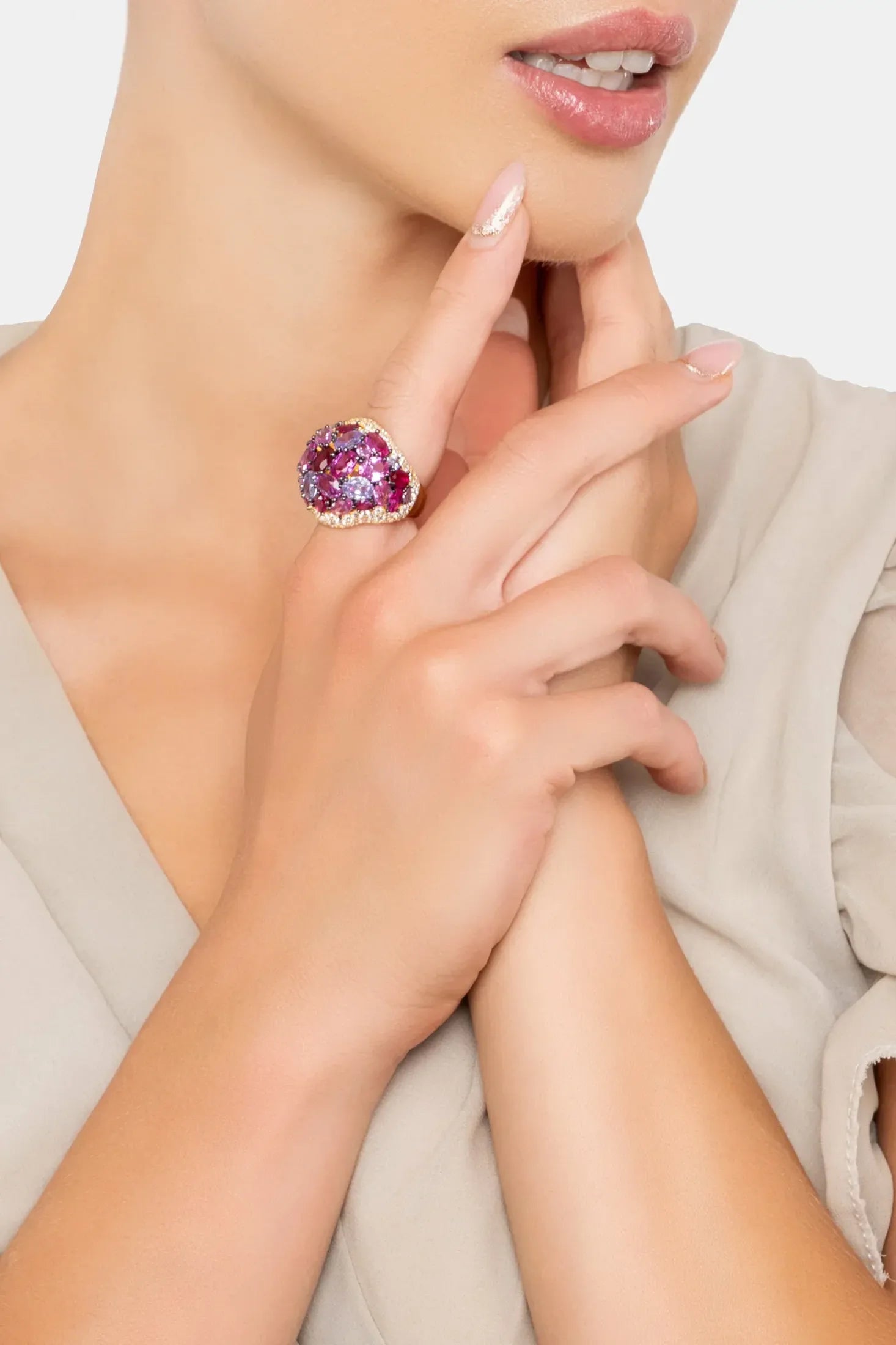 The ring worn by a model.